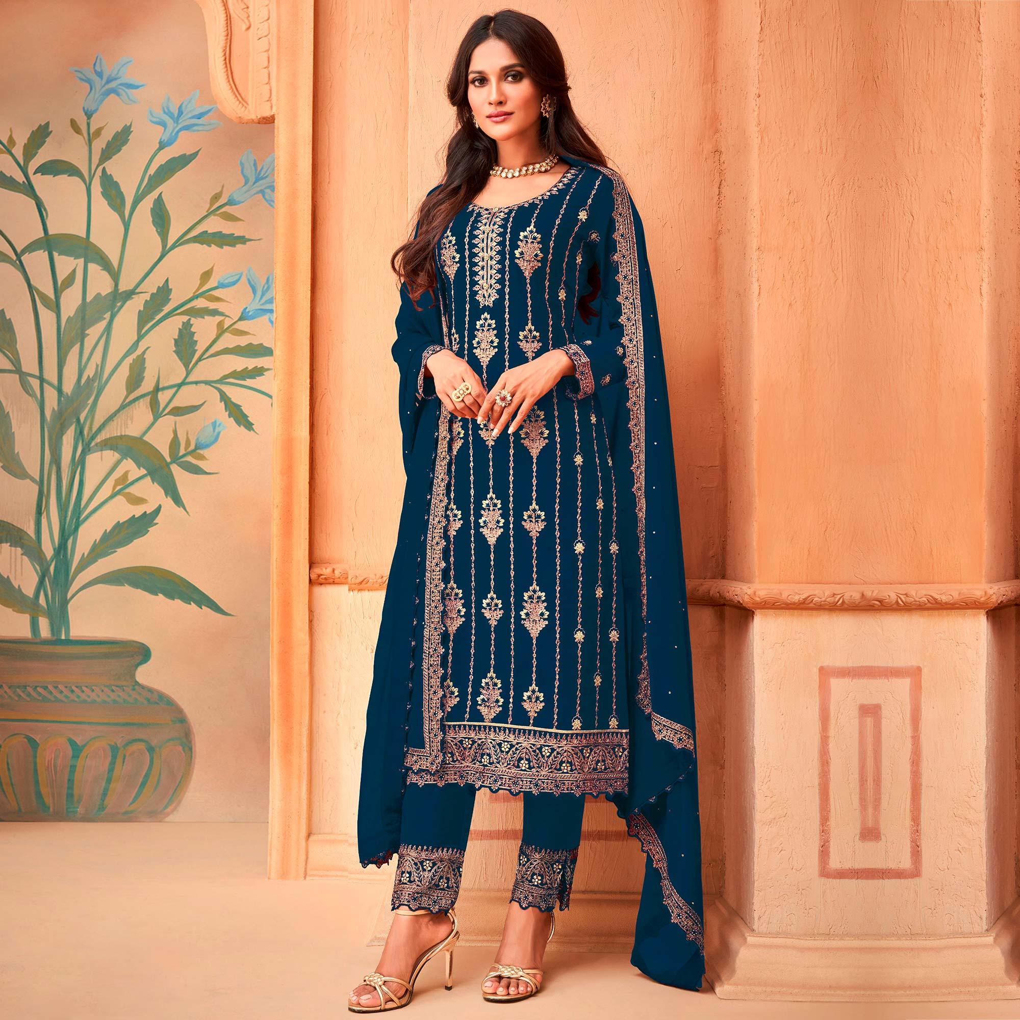 Blue Partywear Embroidered & Sequence Work Faux Georgette Salwar Suit - Peachmode
