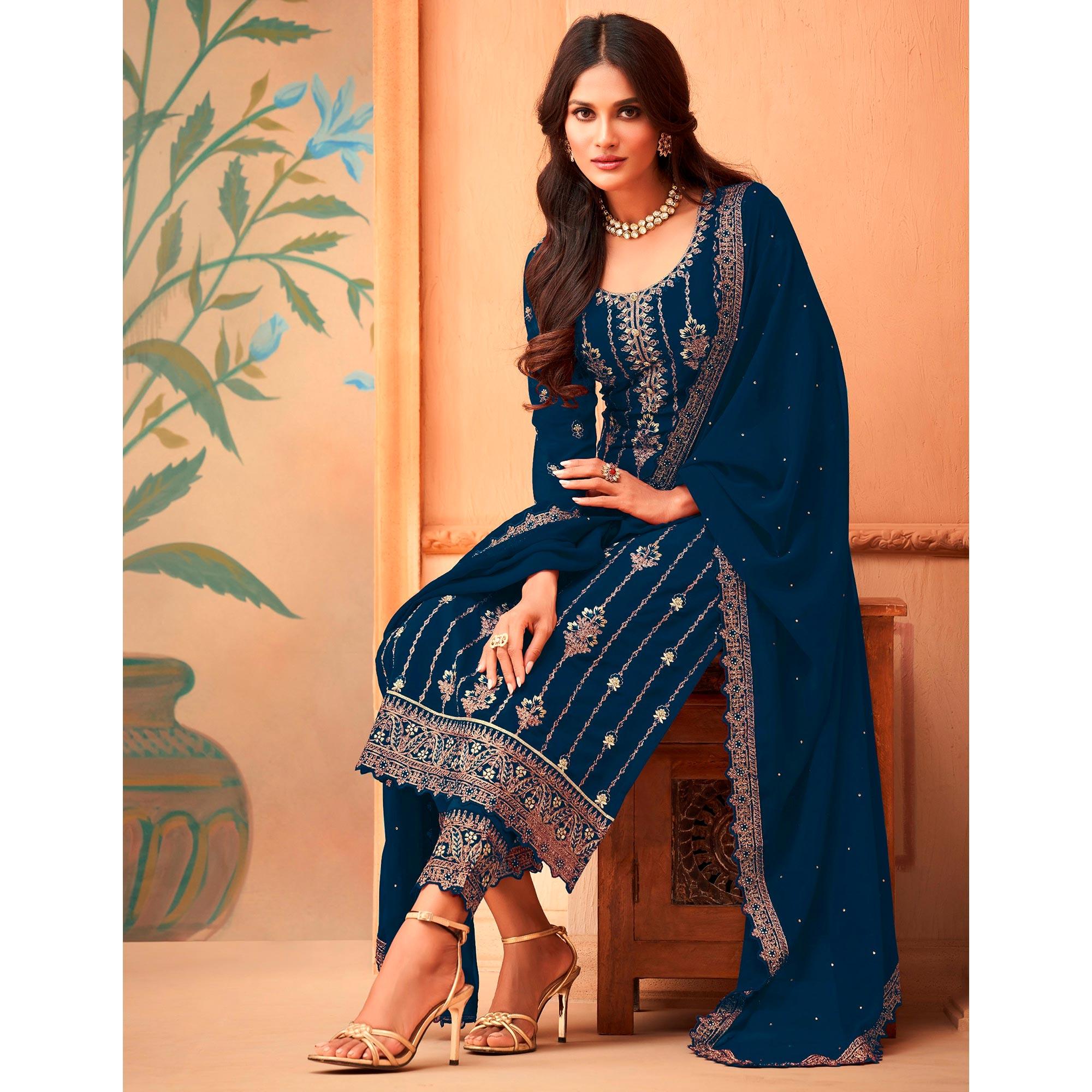 Blue Partywear Embroidered & Sequence Work Faux Georgette Salwar Suit - Peachmode