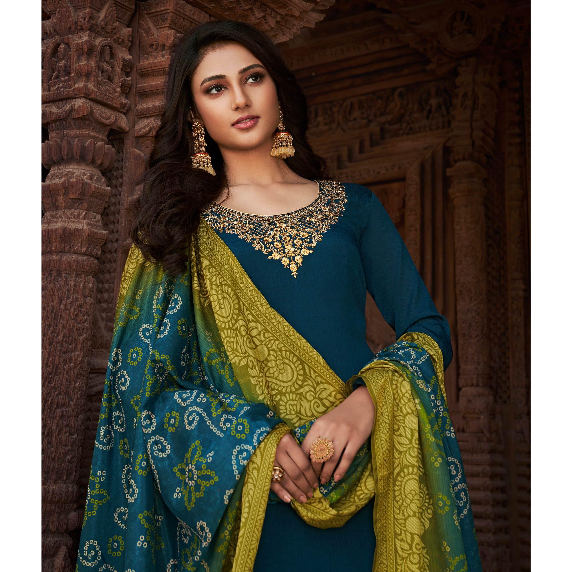 Blue Partywear Embroidered Chinon chiffon Suit - Peachmode