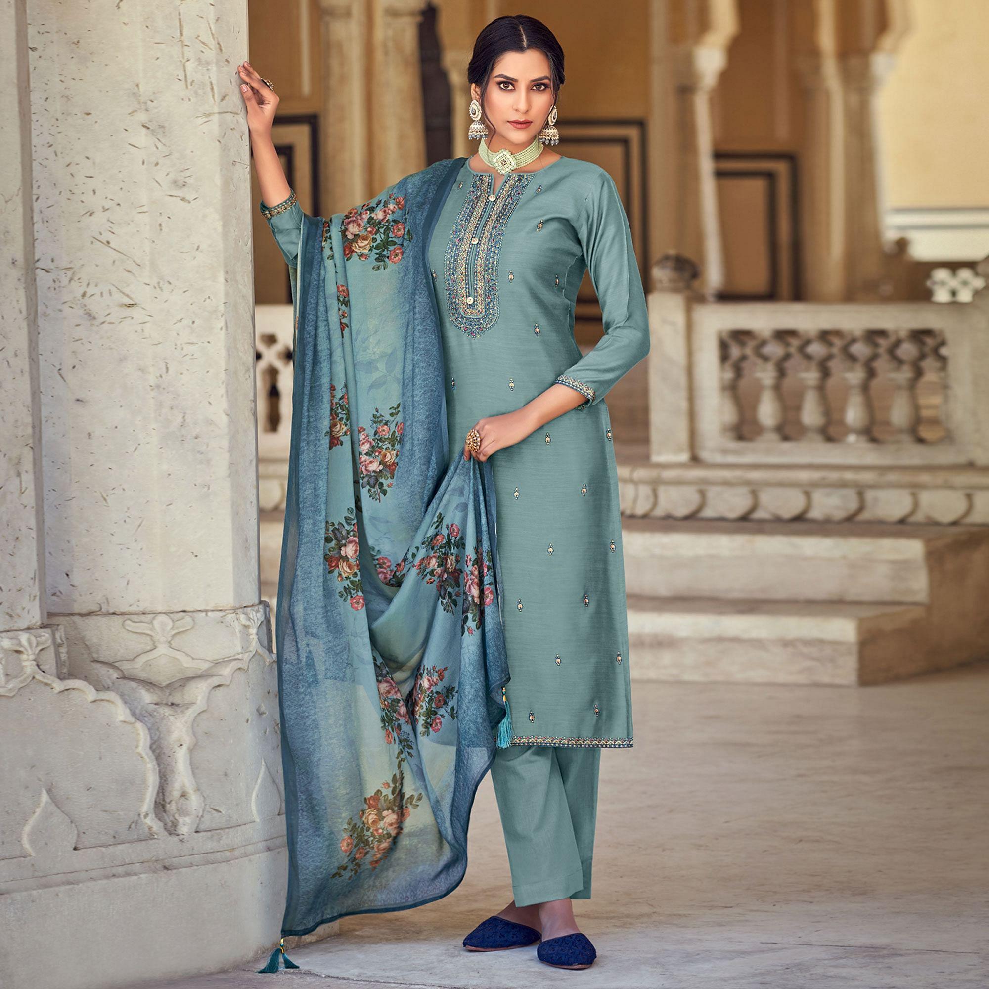Blue Partywear Embroidered Cotton Silk Suit - Peachmode