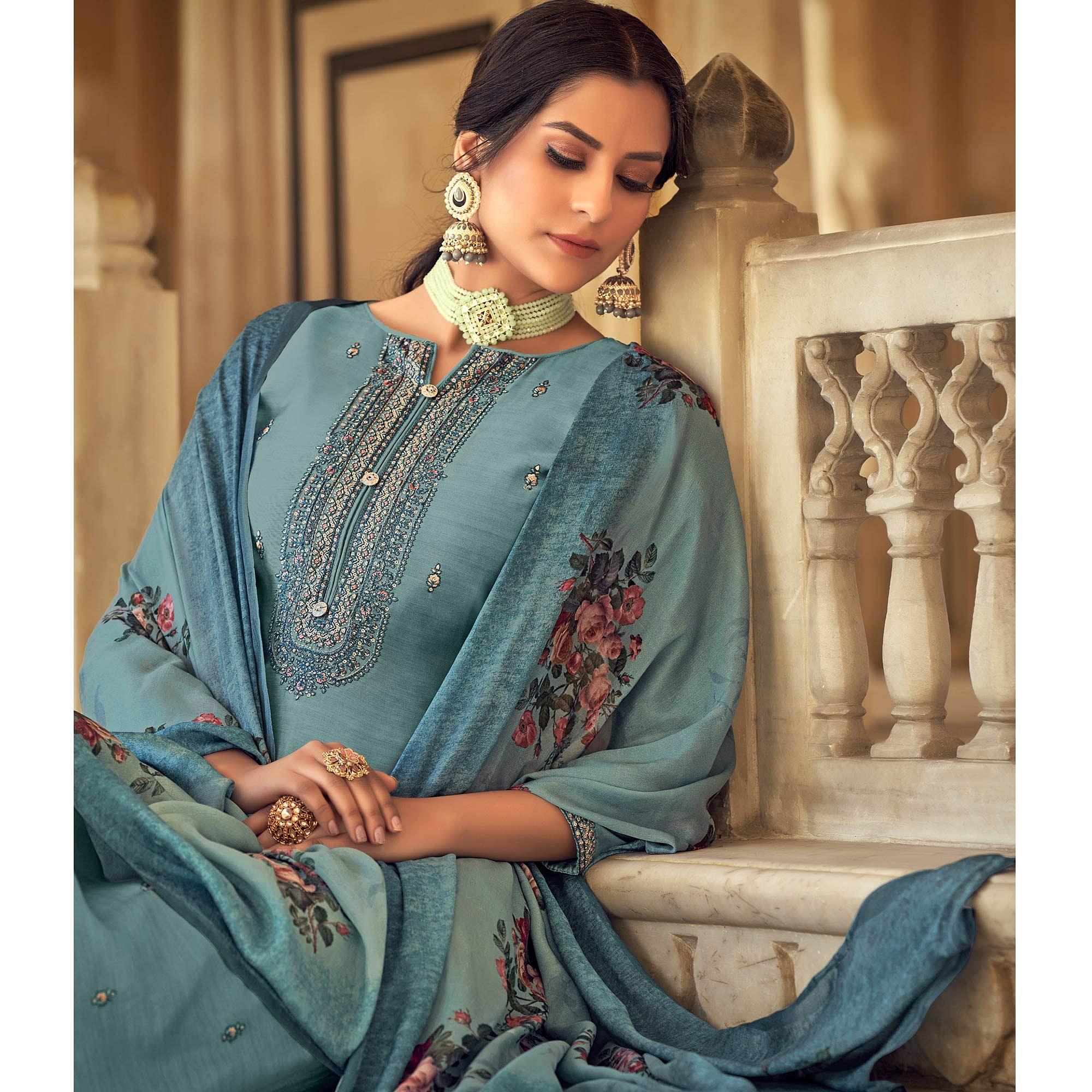 Blue Partywear Embroidered Cotton Silk Suit - Peachmode