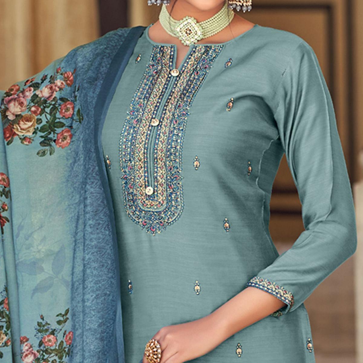 Blue Partywear Embroidered Cotton Silk Suit - Peachmode