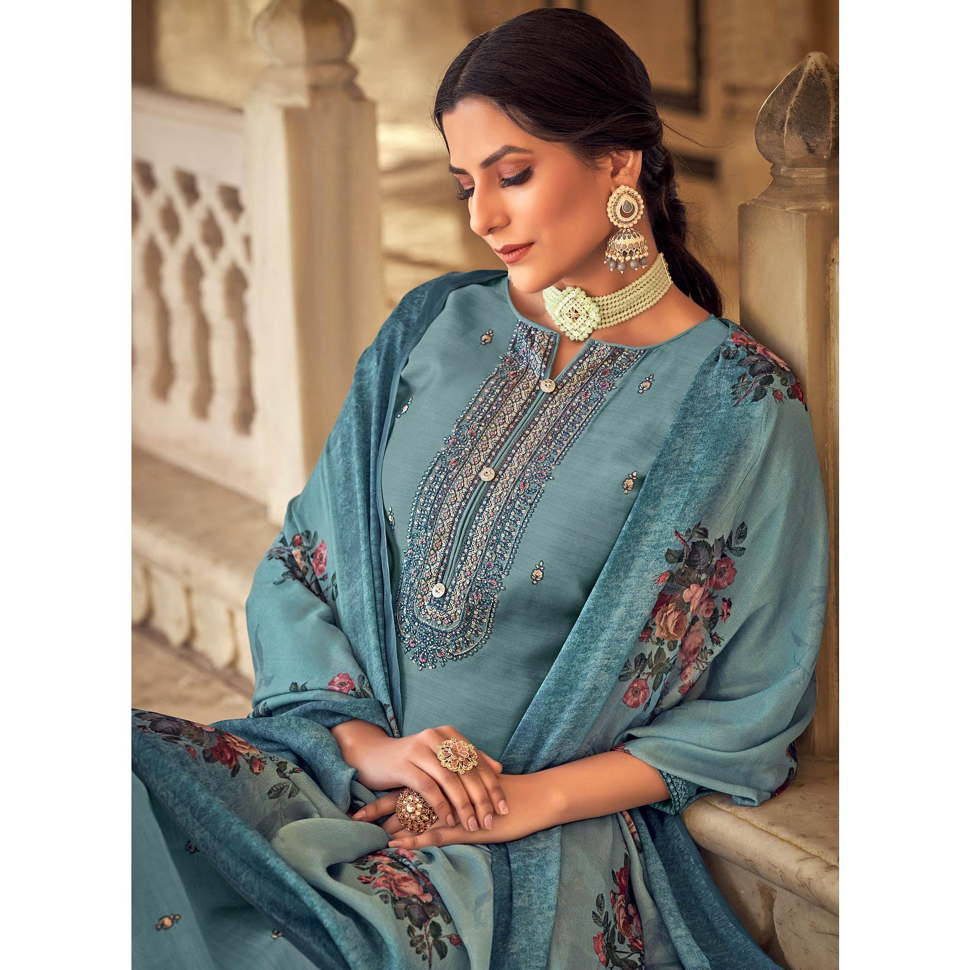 Blue Partywear Embroidered Cotton Silk Suit - Peachmode