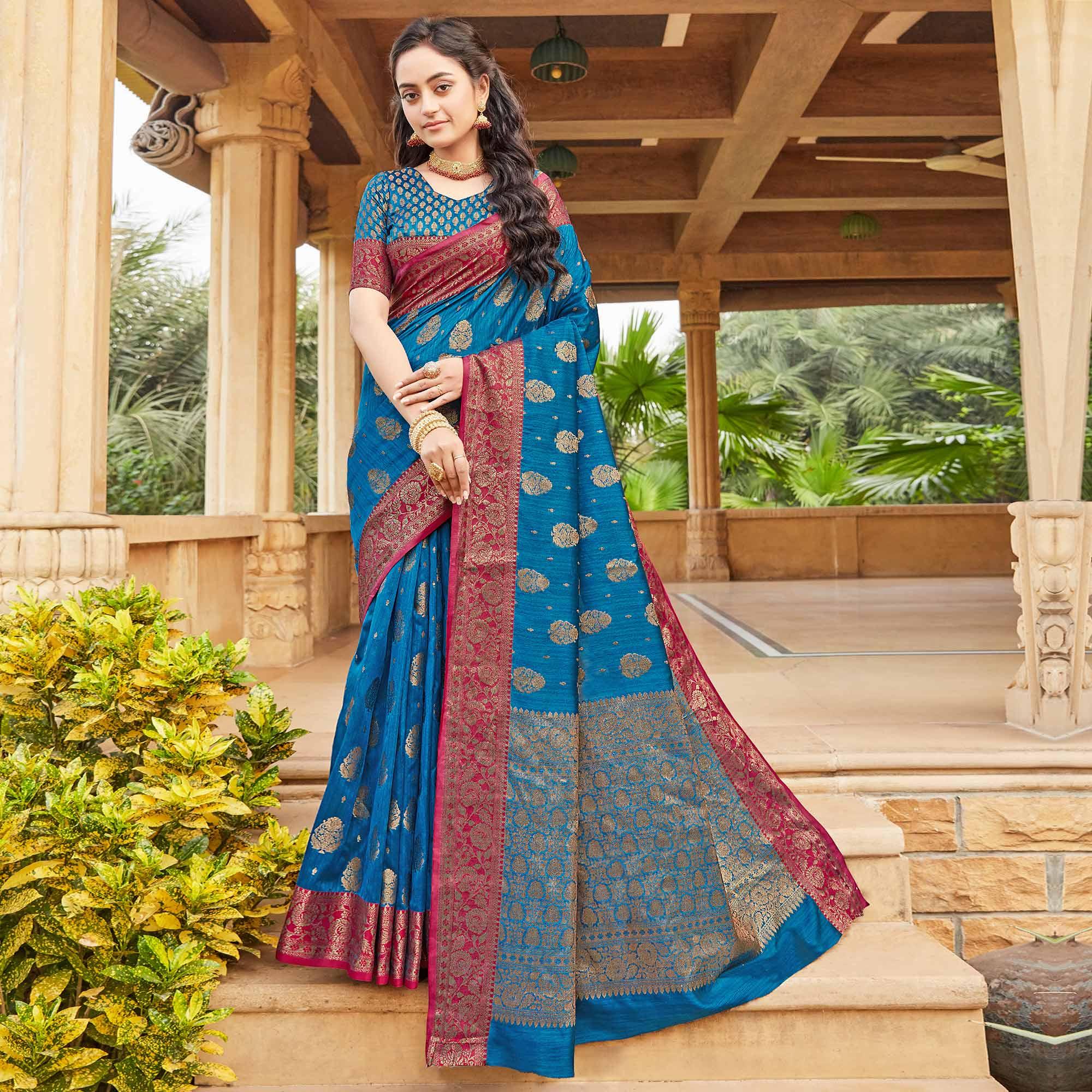 Blue Partywear Embroidered Designer Geometric Silk Saree - Peachmode
