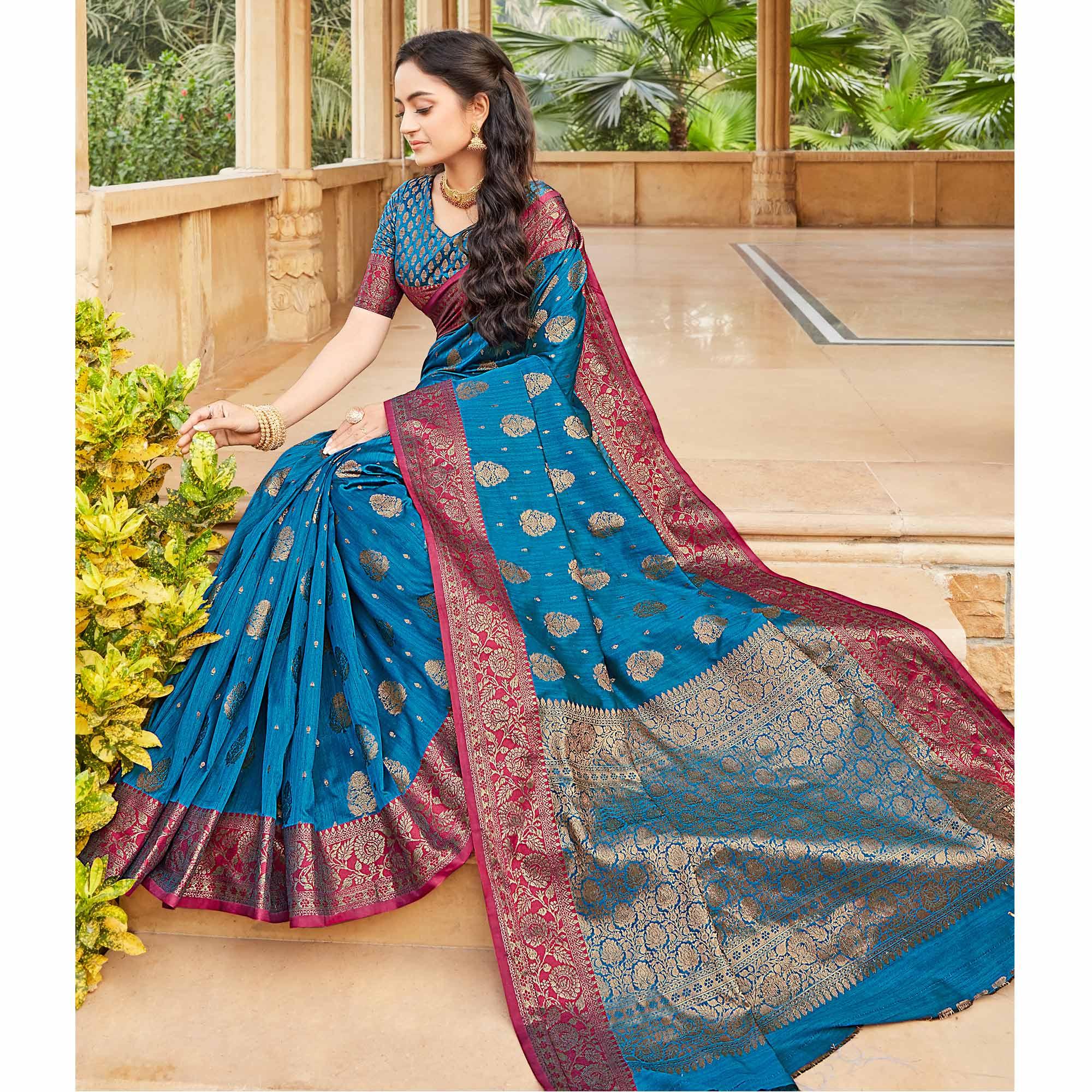 Blue Partywear Embroidered Designer Geometric Silk Saree - Peachmode