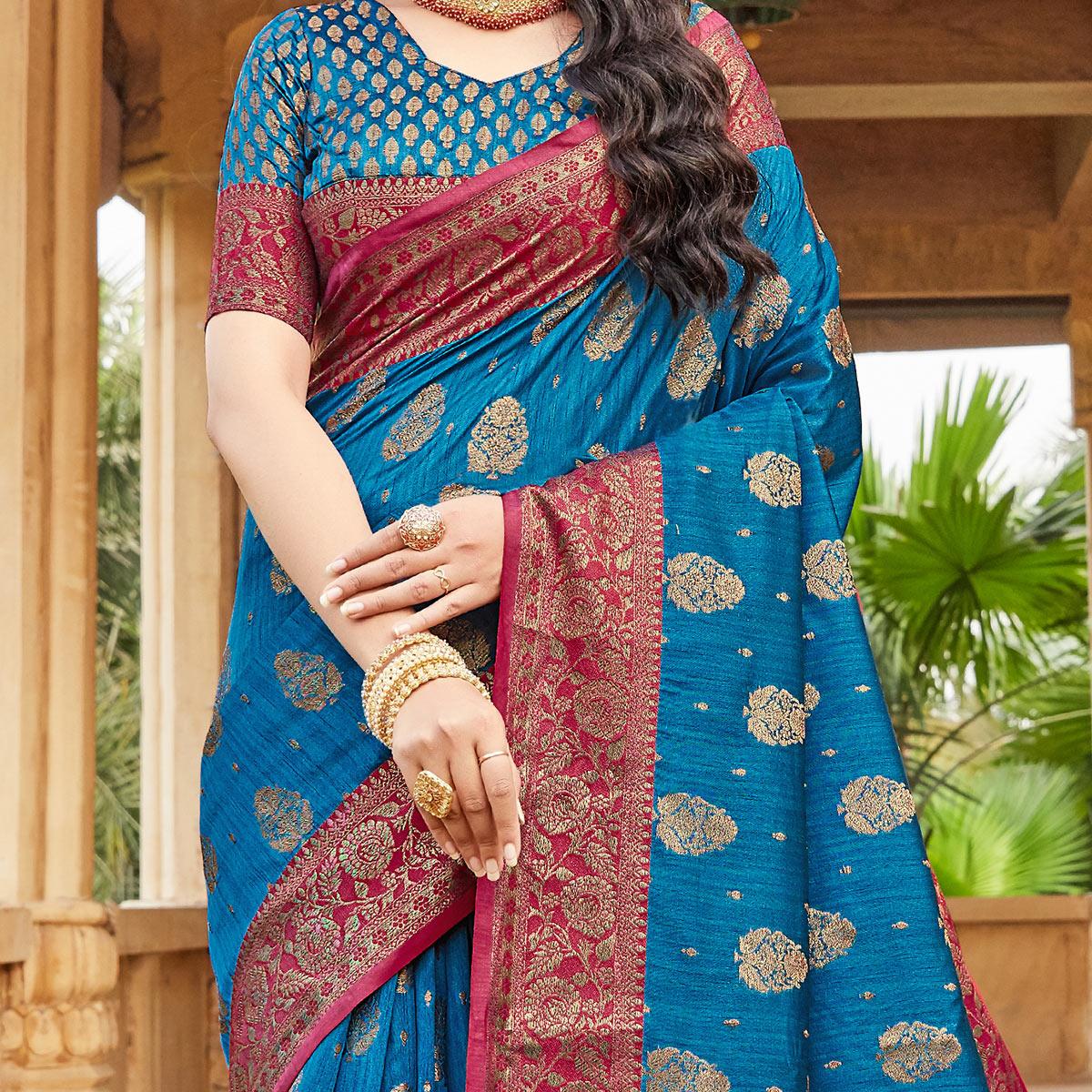 Blue Partywear Embroidered Designer Geometric Silk Saree - Peachmode