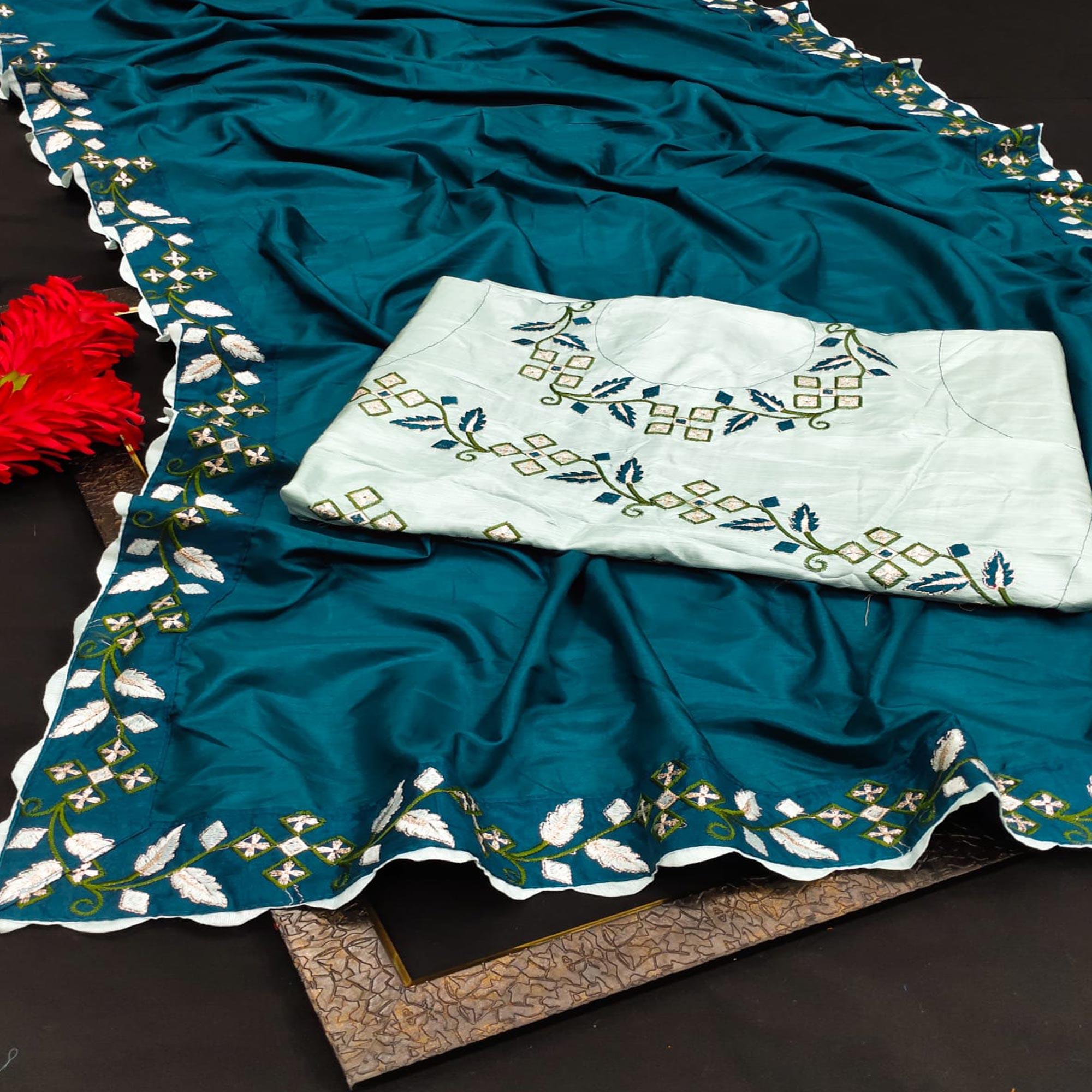 Blue Partywear Embroidered Dola Silk Saree - Peachmode