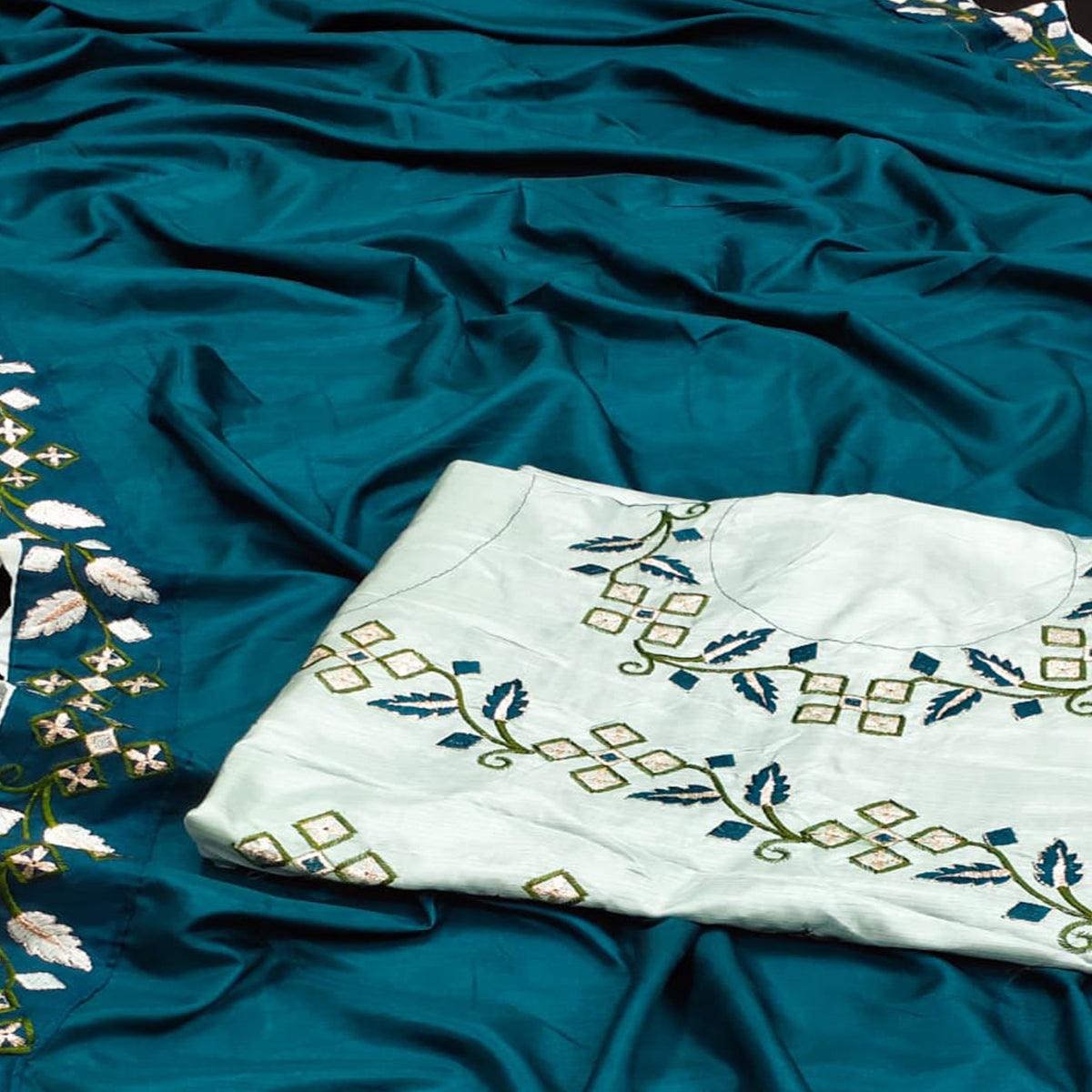 Blue Partywear Embroidered Dola Silk Saree - Peachmode