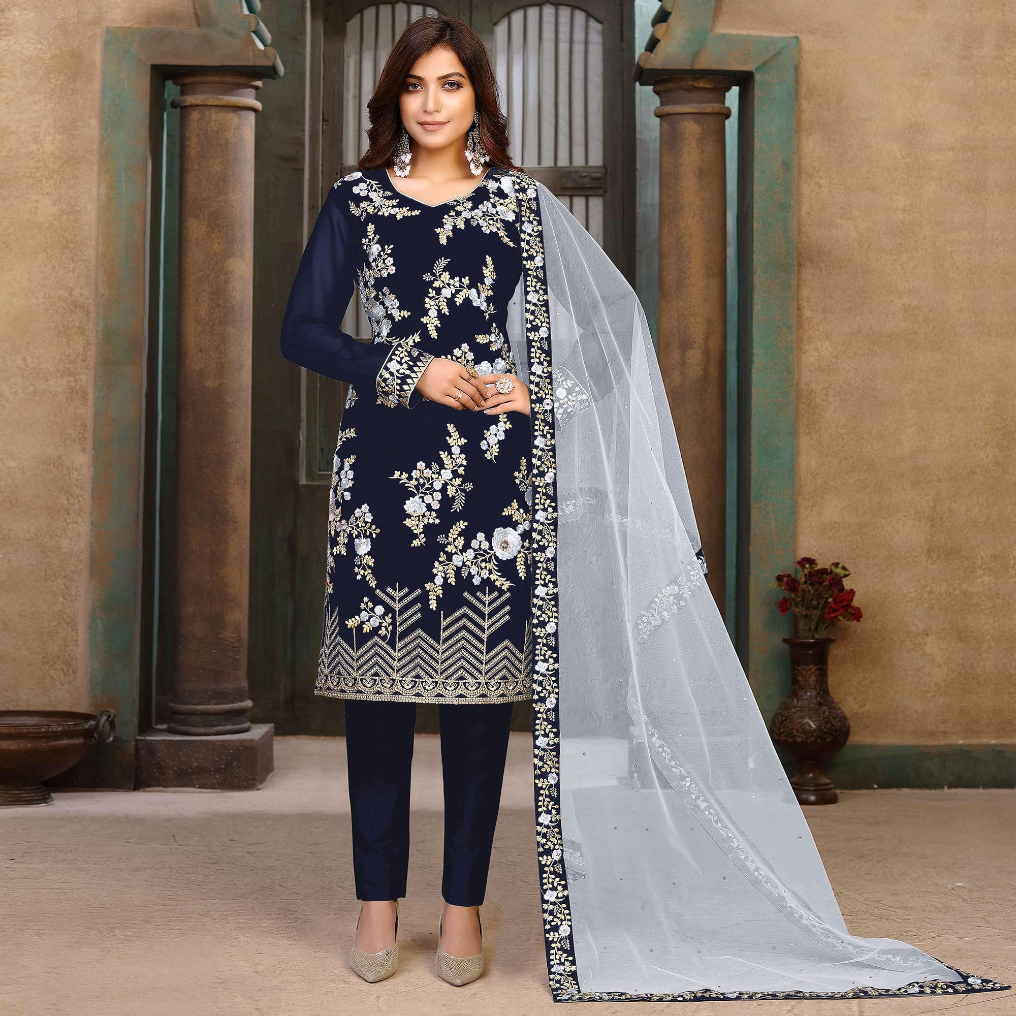 Blue Partywear Embroidered Faux Georgette Salwar Suit - Peachmode