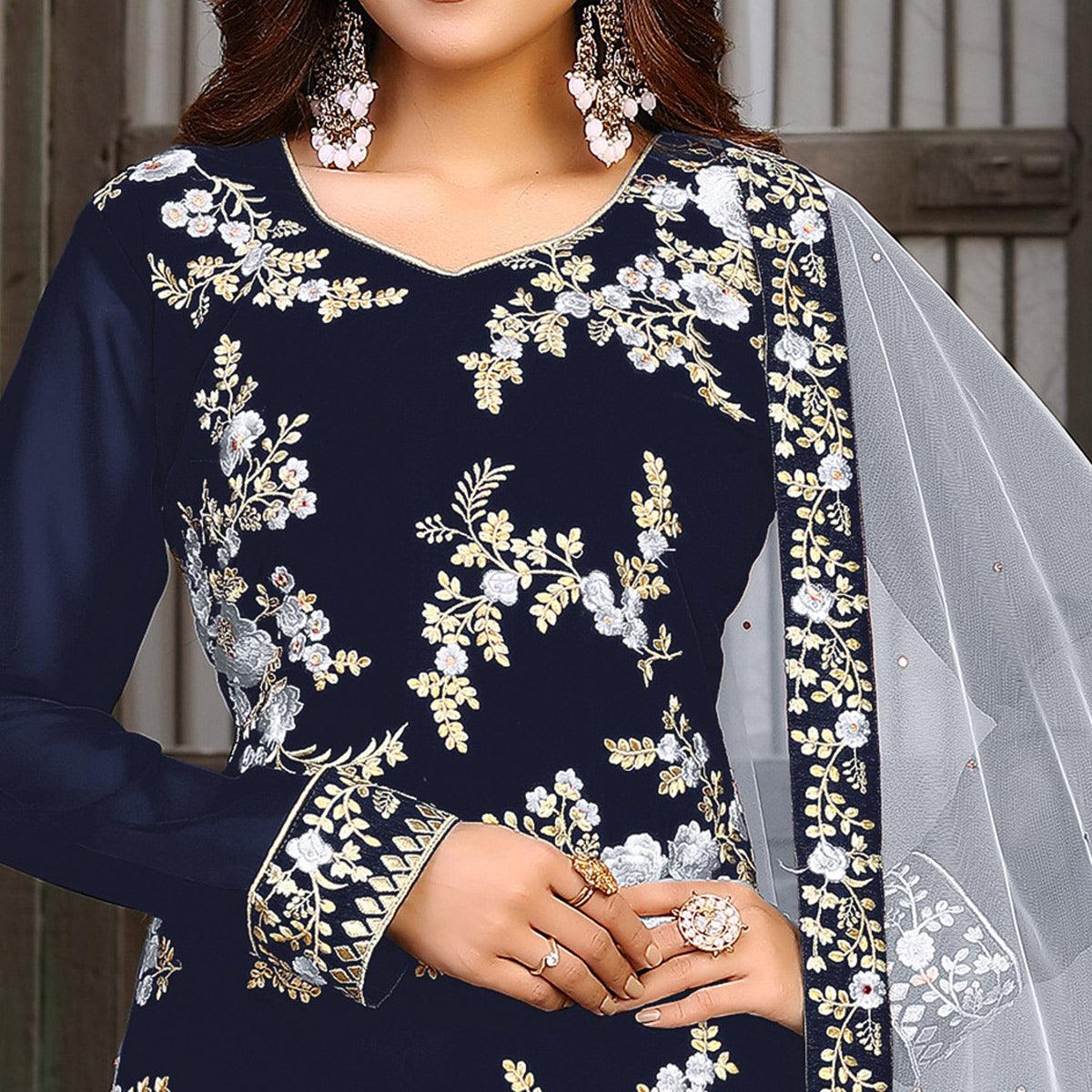 Blue Partywear Embroidered Faux Georgette Salwar Suit - Peachmode