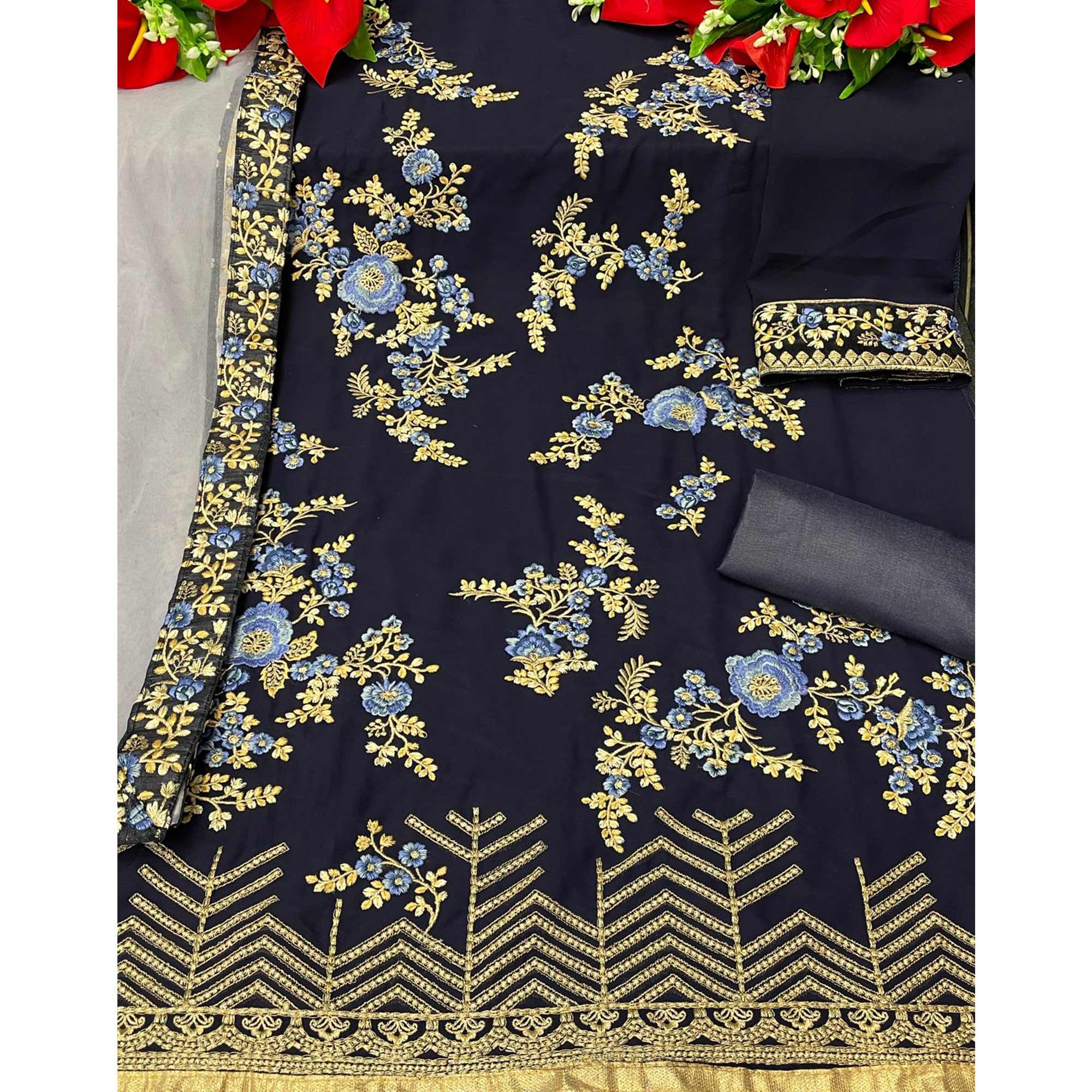 Blue Partywear Embroidered Faux Georgette Salwar Suit - Peachmode