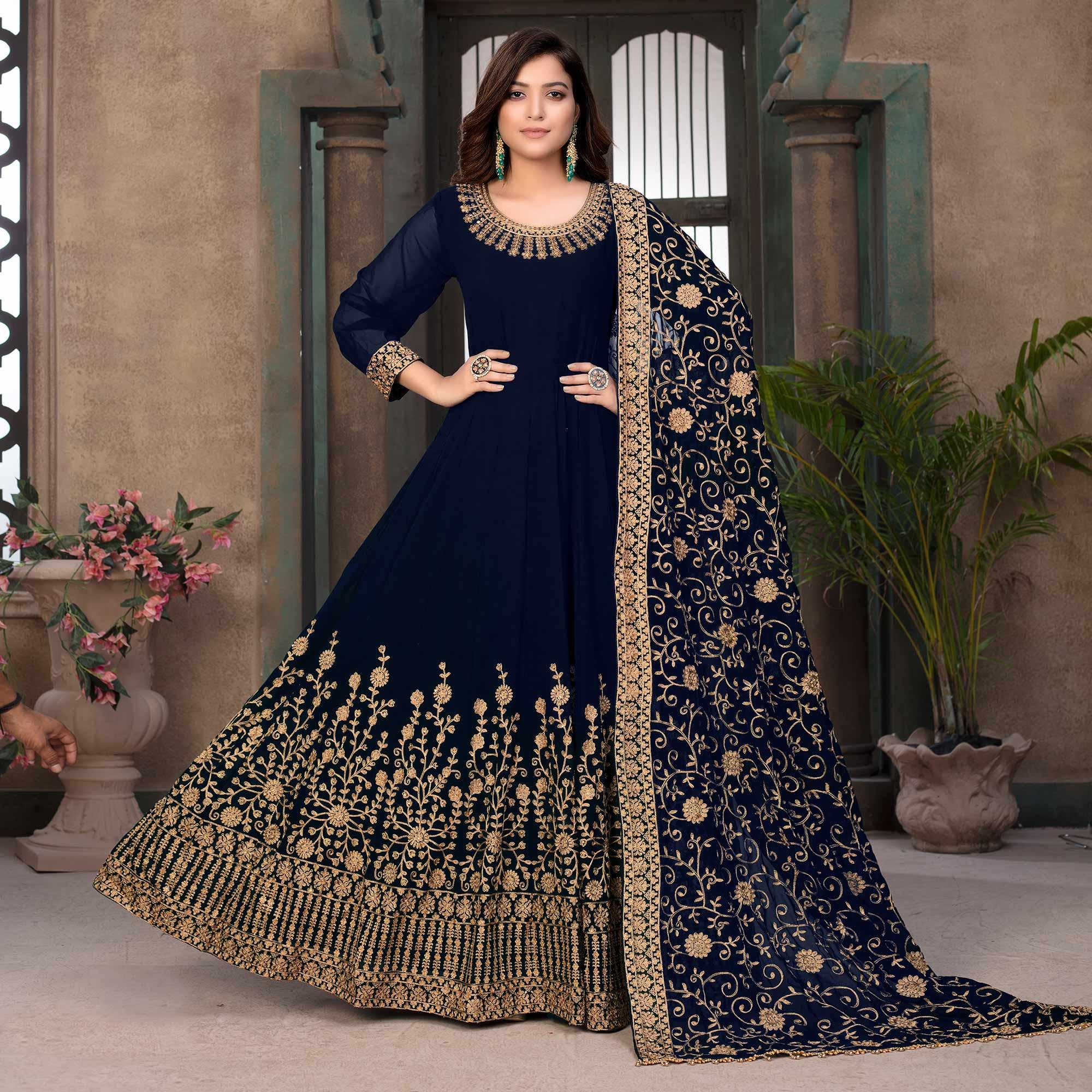 Blue Partywear Embroidered Georgette Anarkali Suit - Peachmode