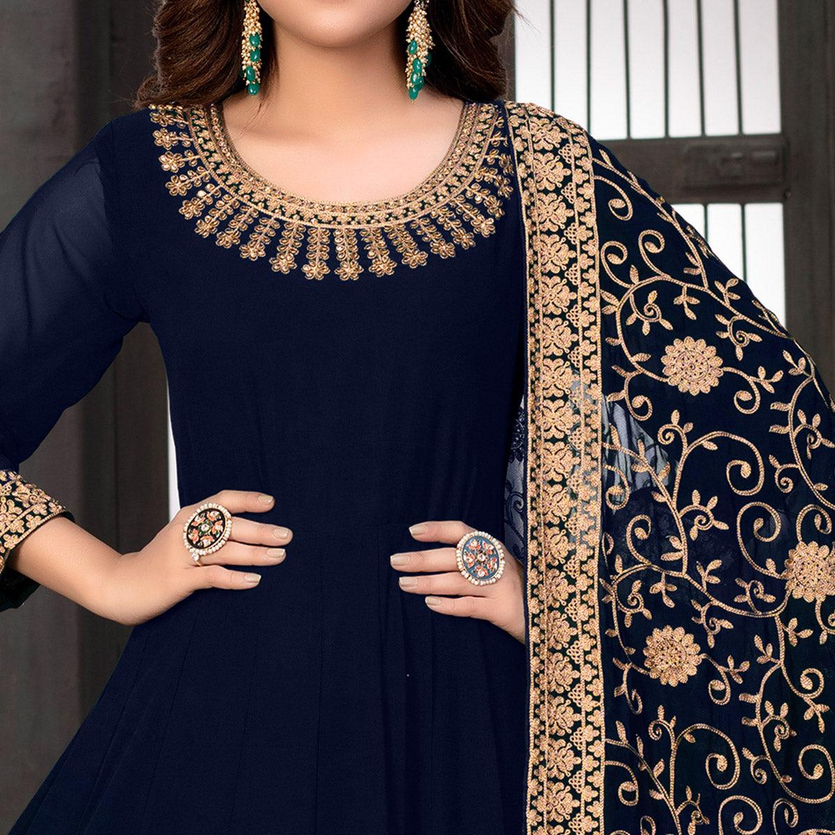 Blue Partywear Embroidered Georgette Anarkali Suit - Peachmode