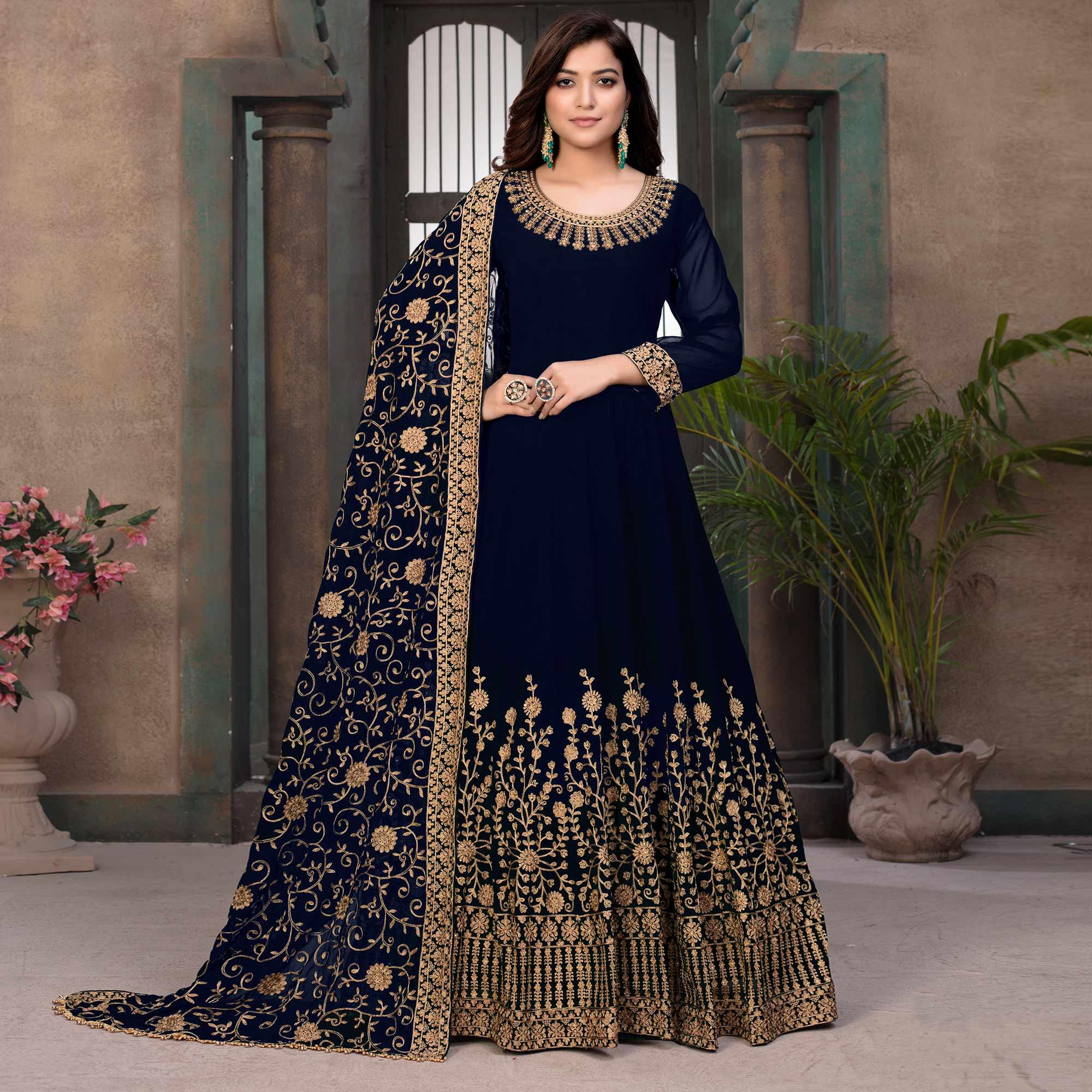 Blue Partywear Embroidered Georgette Anarkali Suit - Peachmode