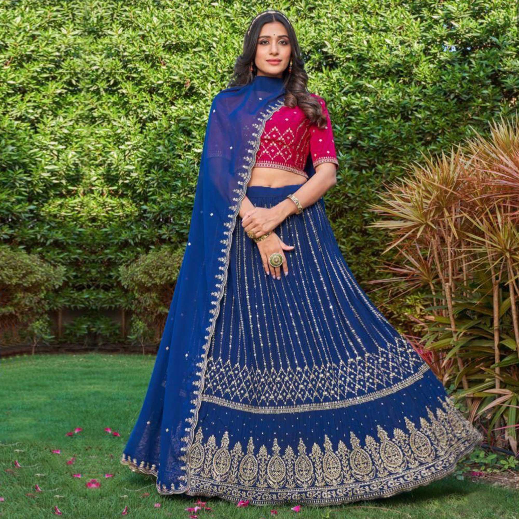 Blue Partywear Embroidered Georgette Lehenga Choli - Peachmode
