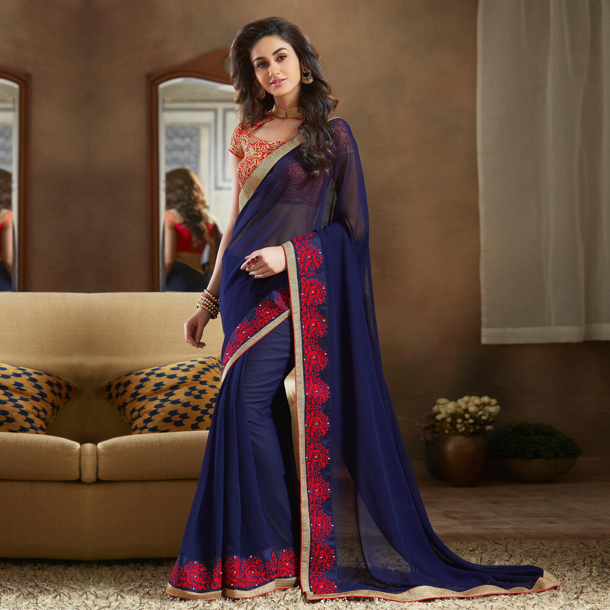 Blue Partywear Embroidered Georgette Saree - Peachmode