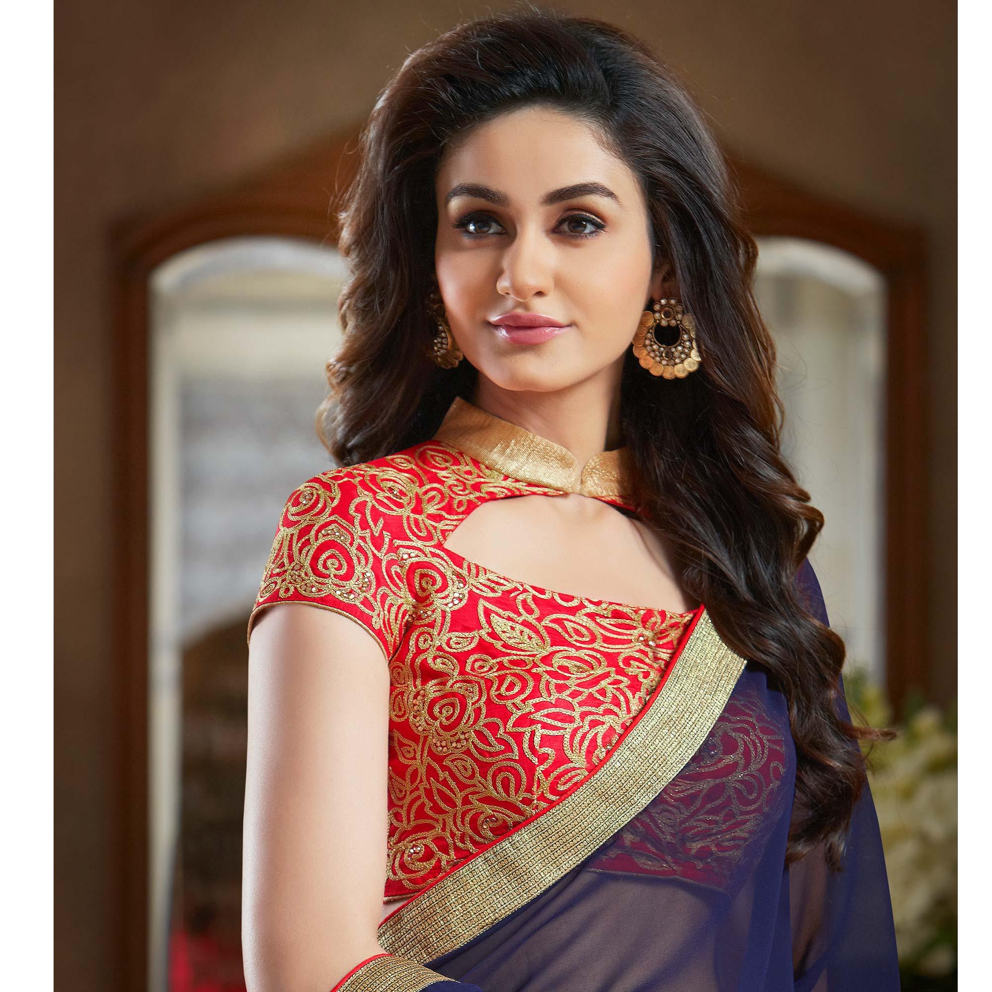 Blue Partywear Embroidered Georgette Saree - Peachmode