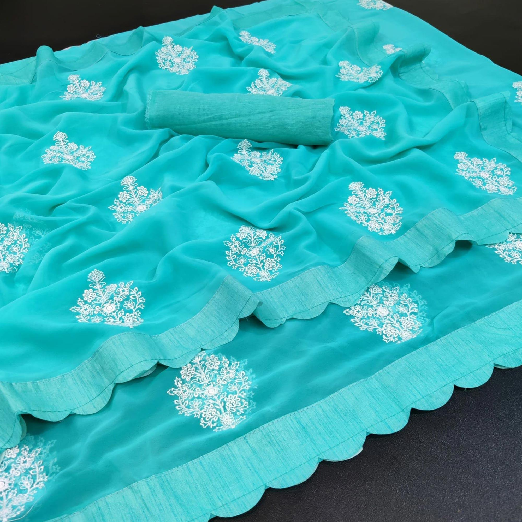 Blue Partywear Embroidered Georgette Saree With Cut Less - Peachmode