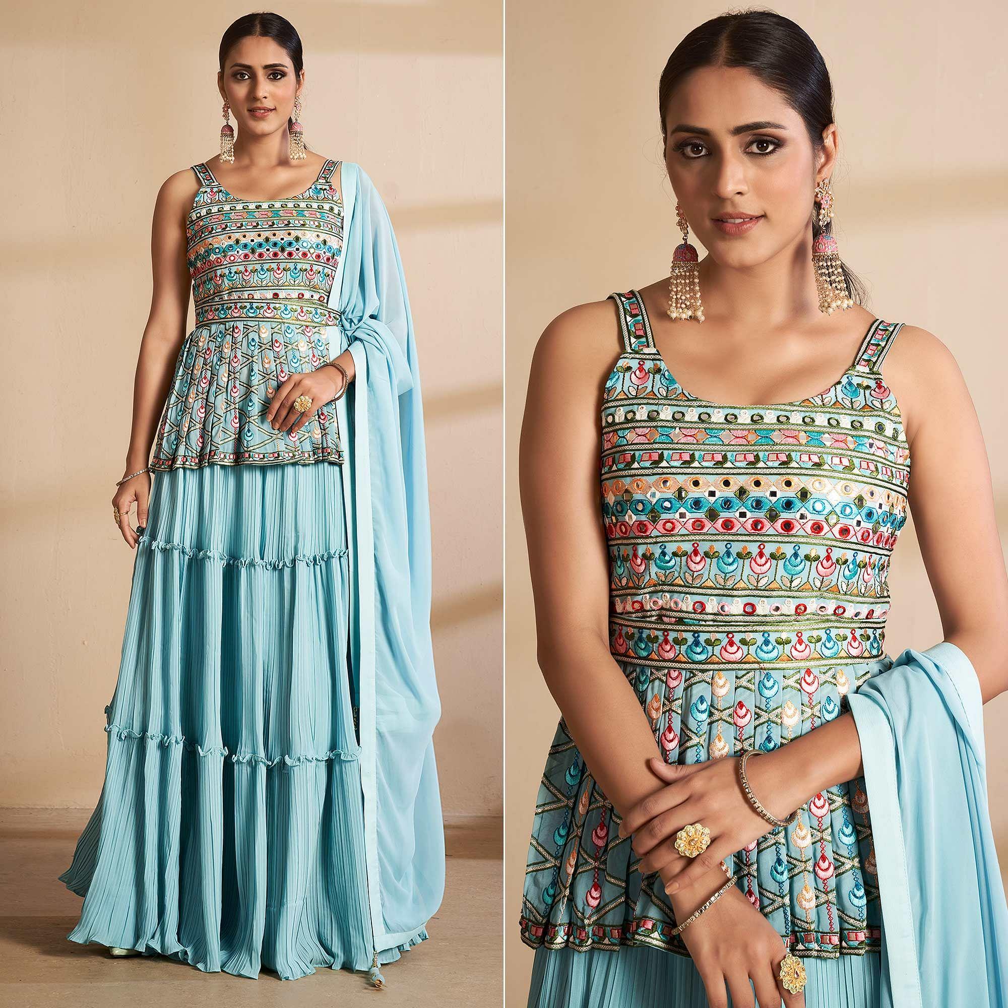Blue Partywear Embroidered Georgette Sharara Suit - Peachmode