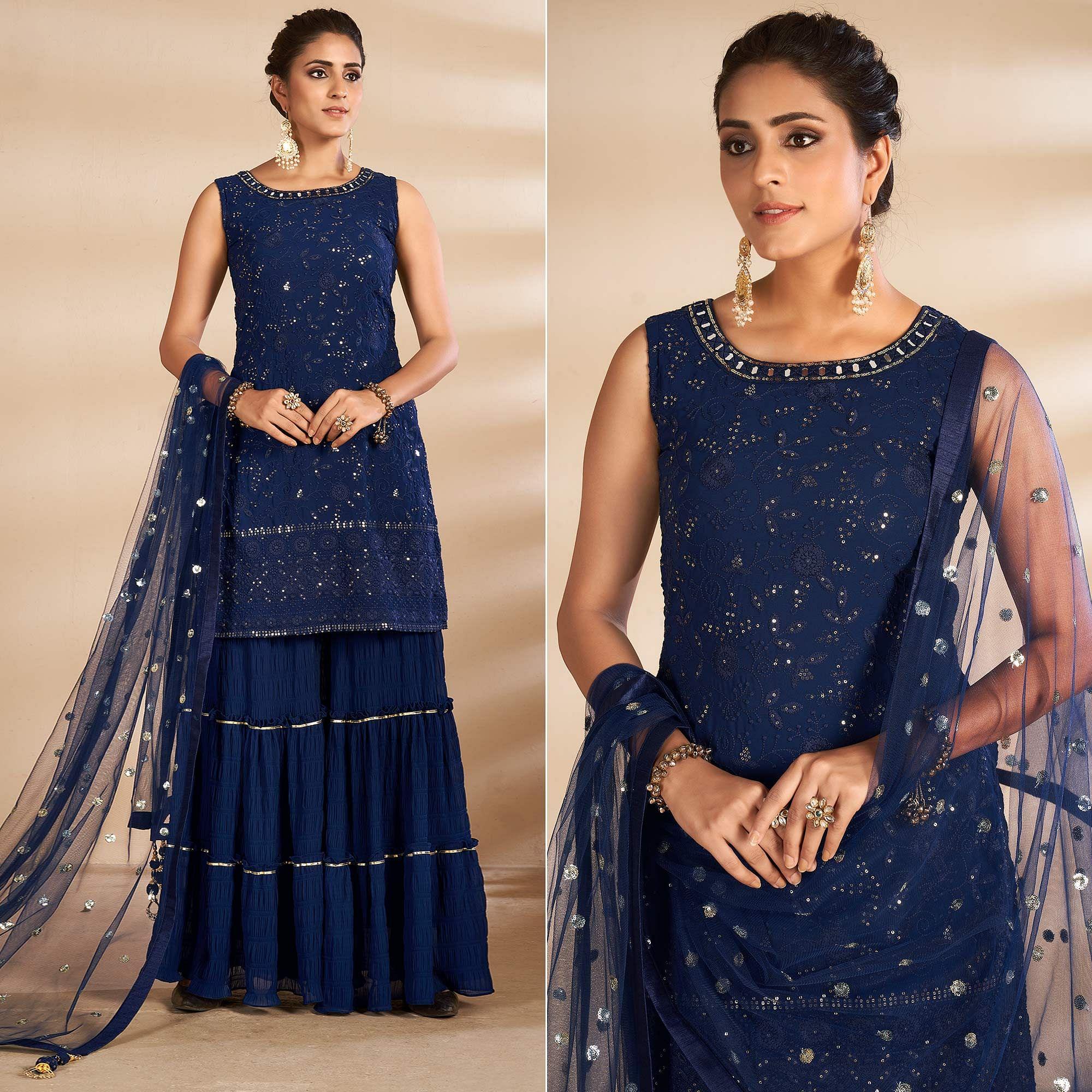 Blue Partywear Embroidered Georgette Sharara Suit - Peachmode