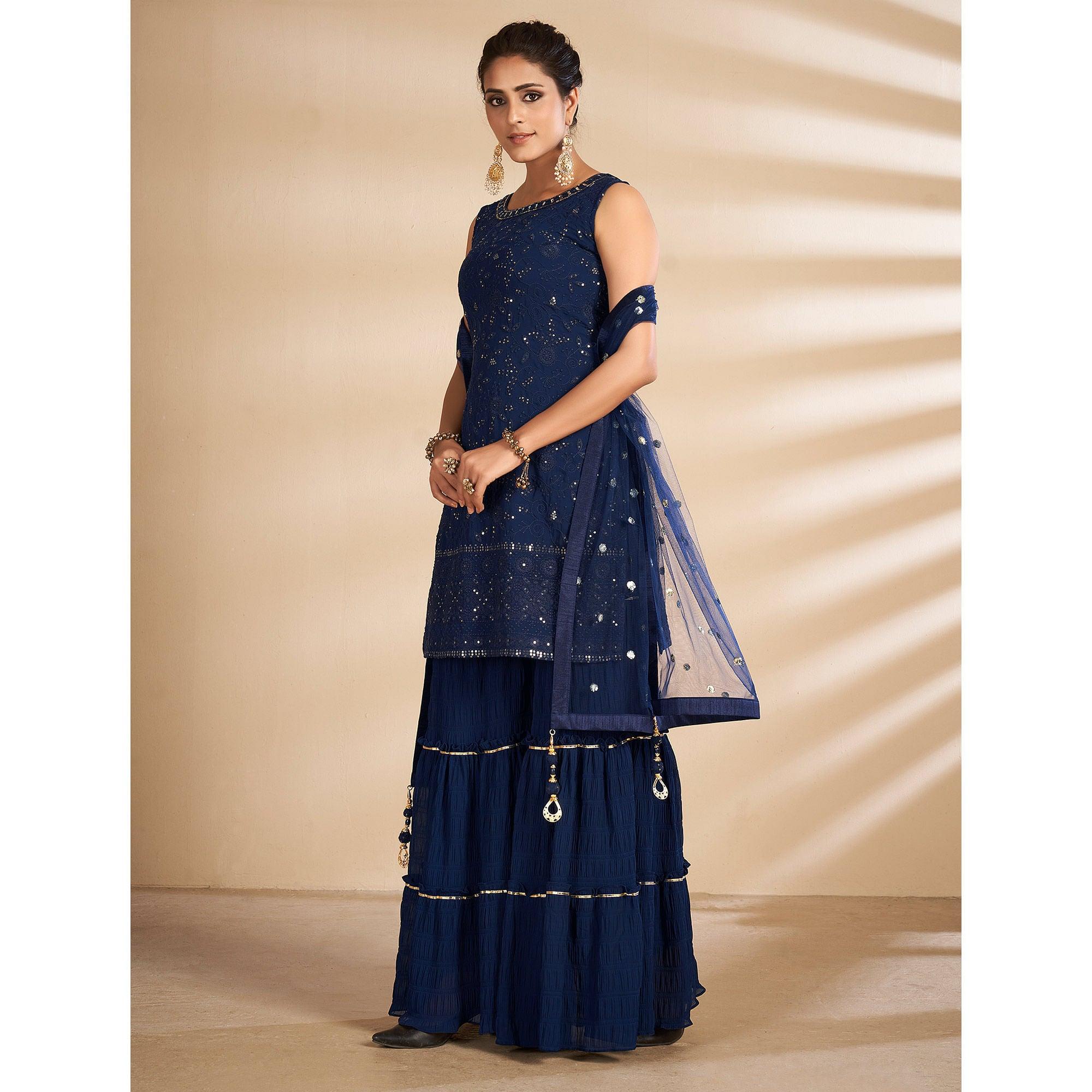 Blue Partywear Embroidered Georgette Sharara Suit - Peachmode