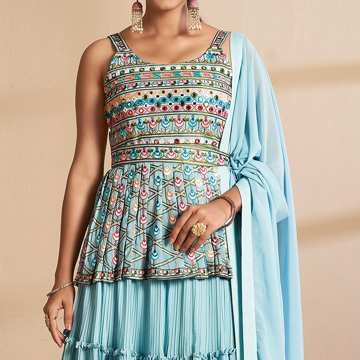 Blue Partywear Embroidered Georgette Sharara Suit - Peachmode
