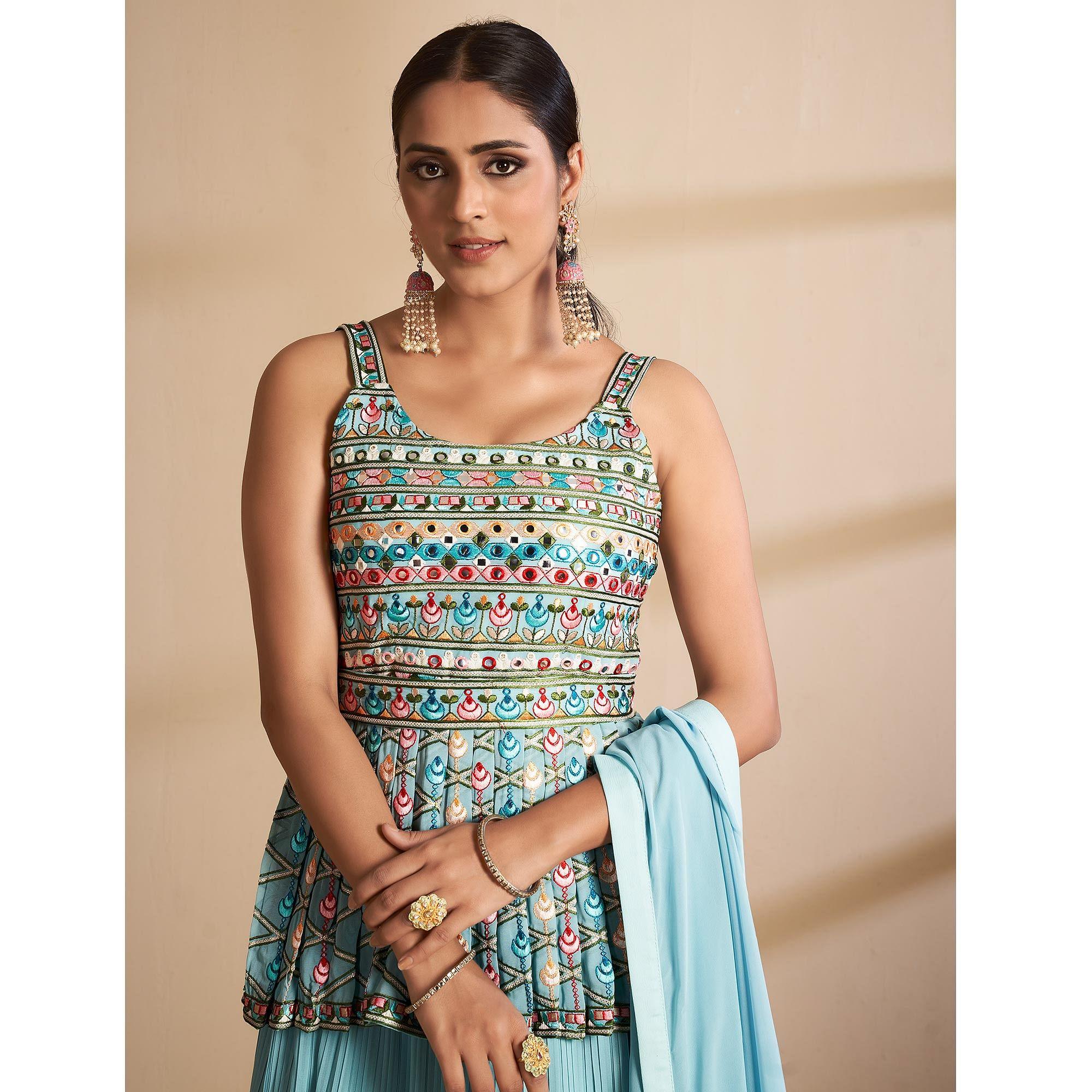 Blue Partywear Embroidered Georgette Sharara Suit - Peachmode