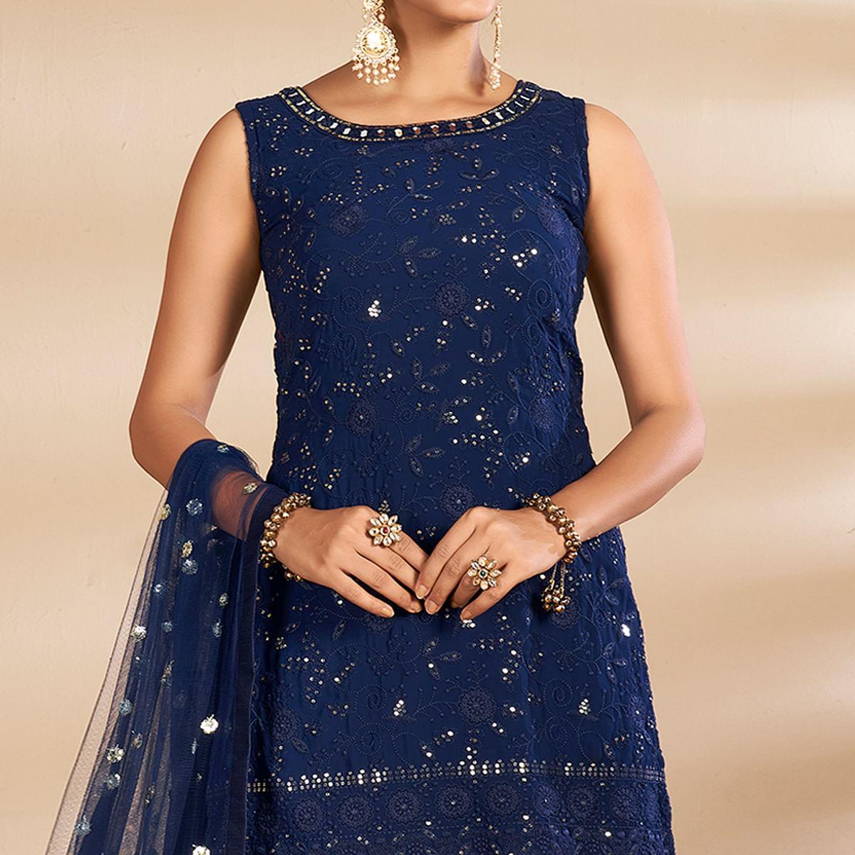 Blue Partywear Embroidered Georgette Sharara Suit - Peachmode
