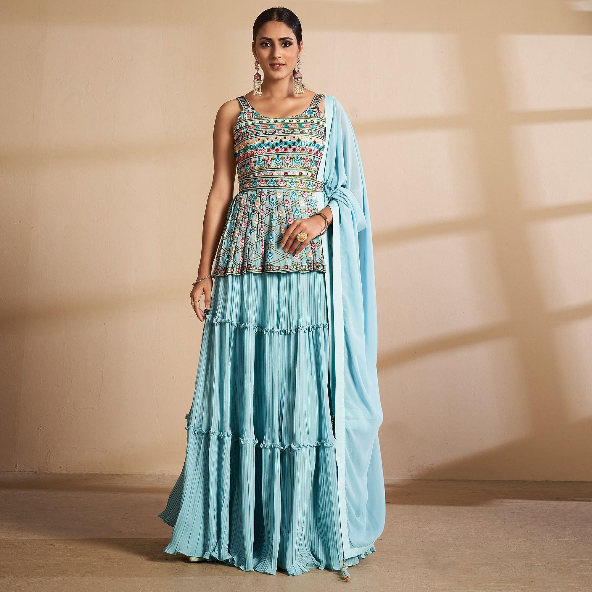 Blue Partywear Embroidered Georgette Sharara Suit - Peachmode