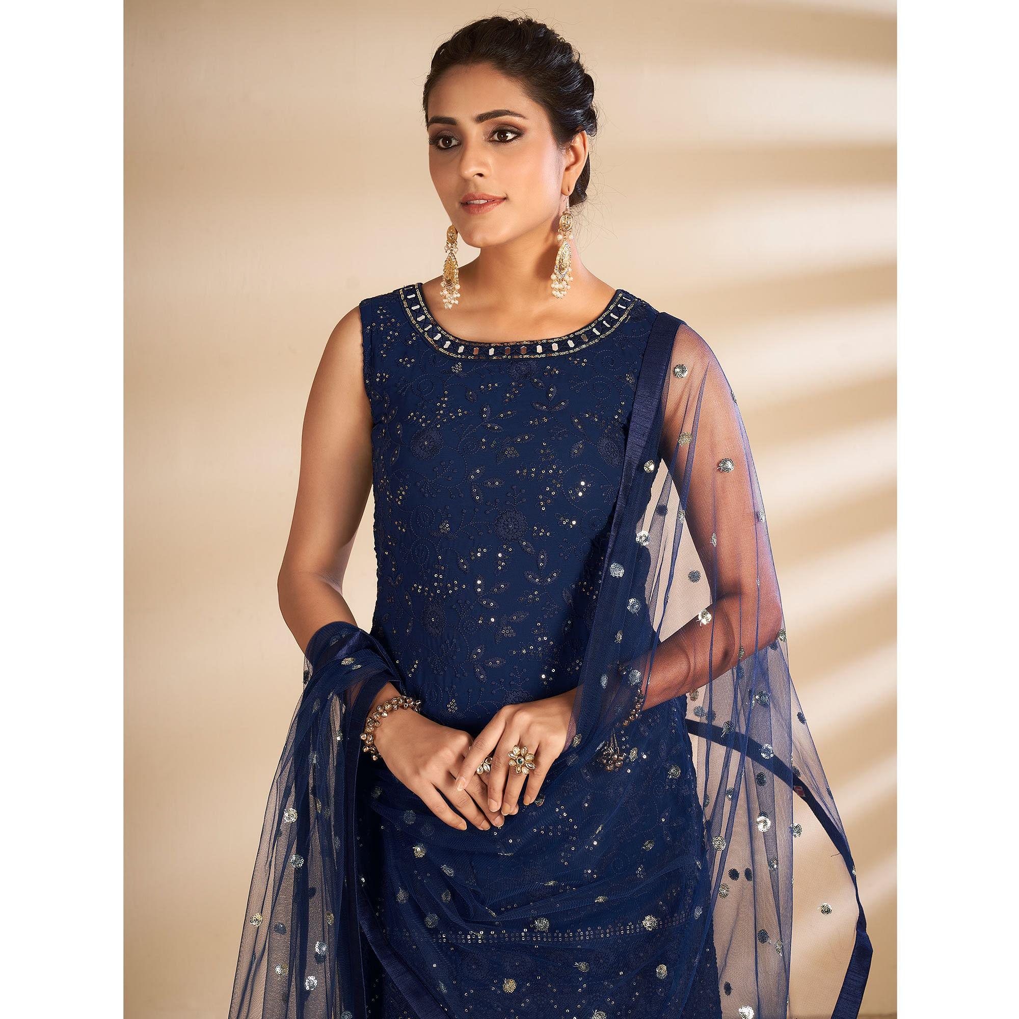 Blue Partywear Embroidered Georgette Sharara Suit - Peachmode