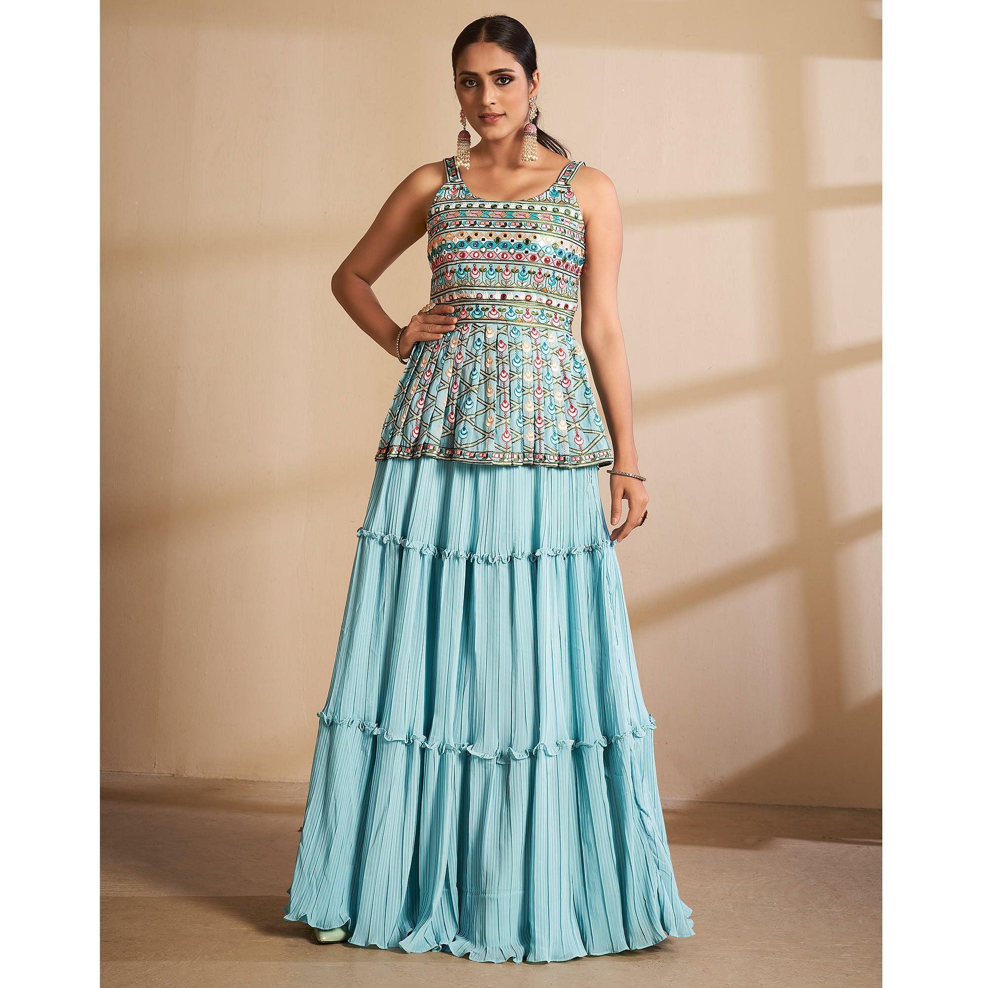 Blue Partywear Embroidered Georgette Sharara Suit - Peachmode