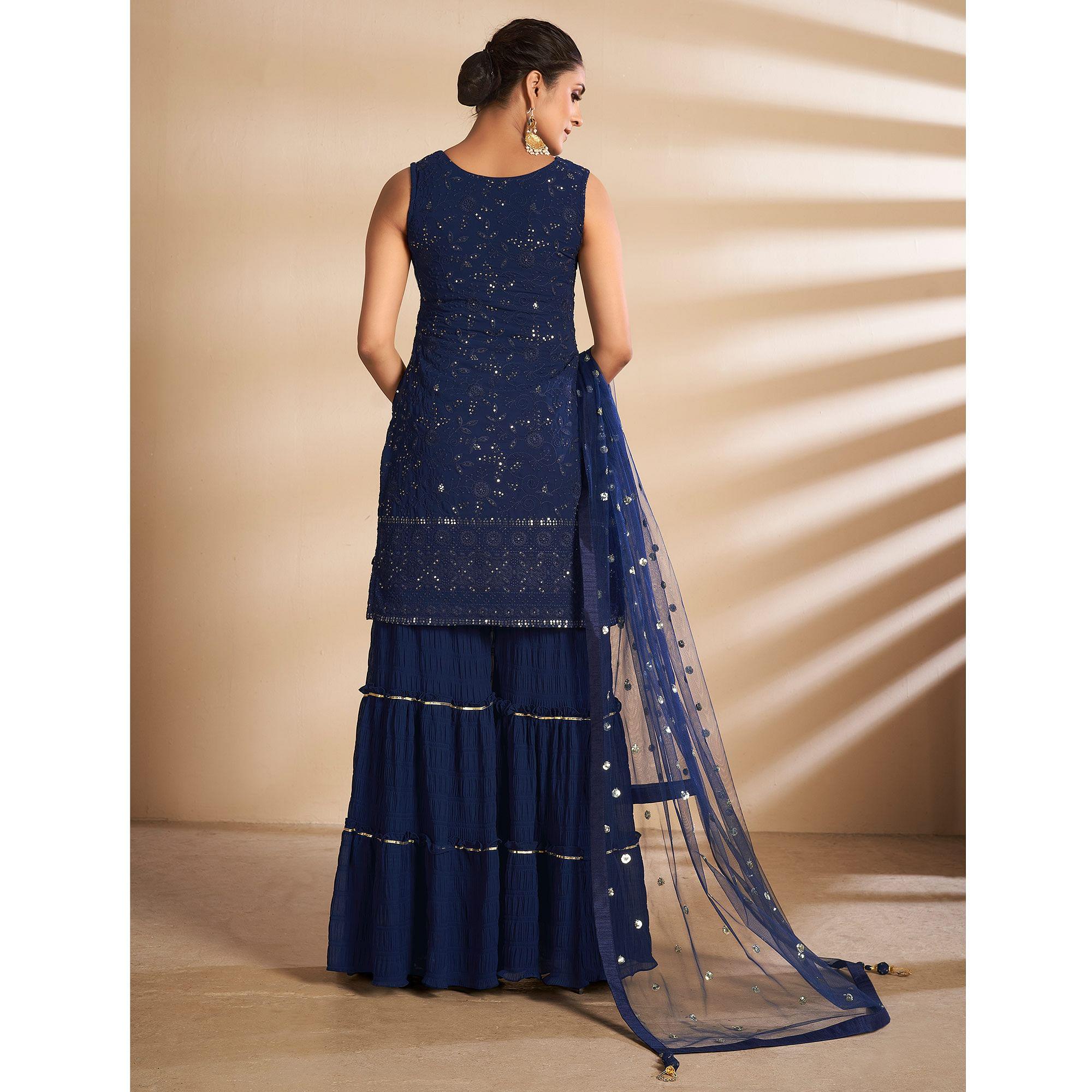 Blue Partywear Embroidered Georgette Sharara Suit - Peachmode