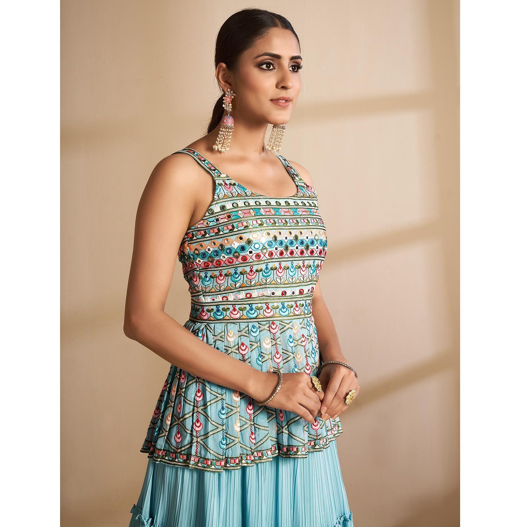 Blue Partywear Embroidered Georgette Sharara Suit - Peachmode