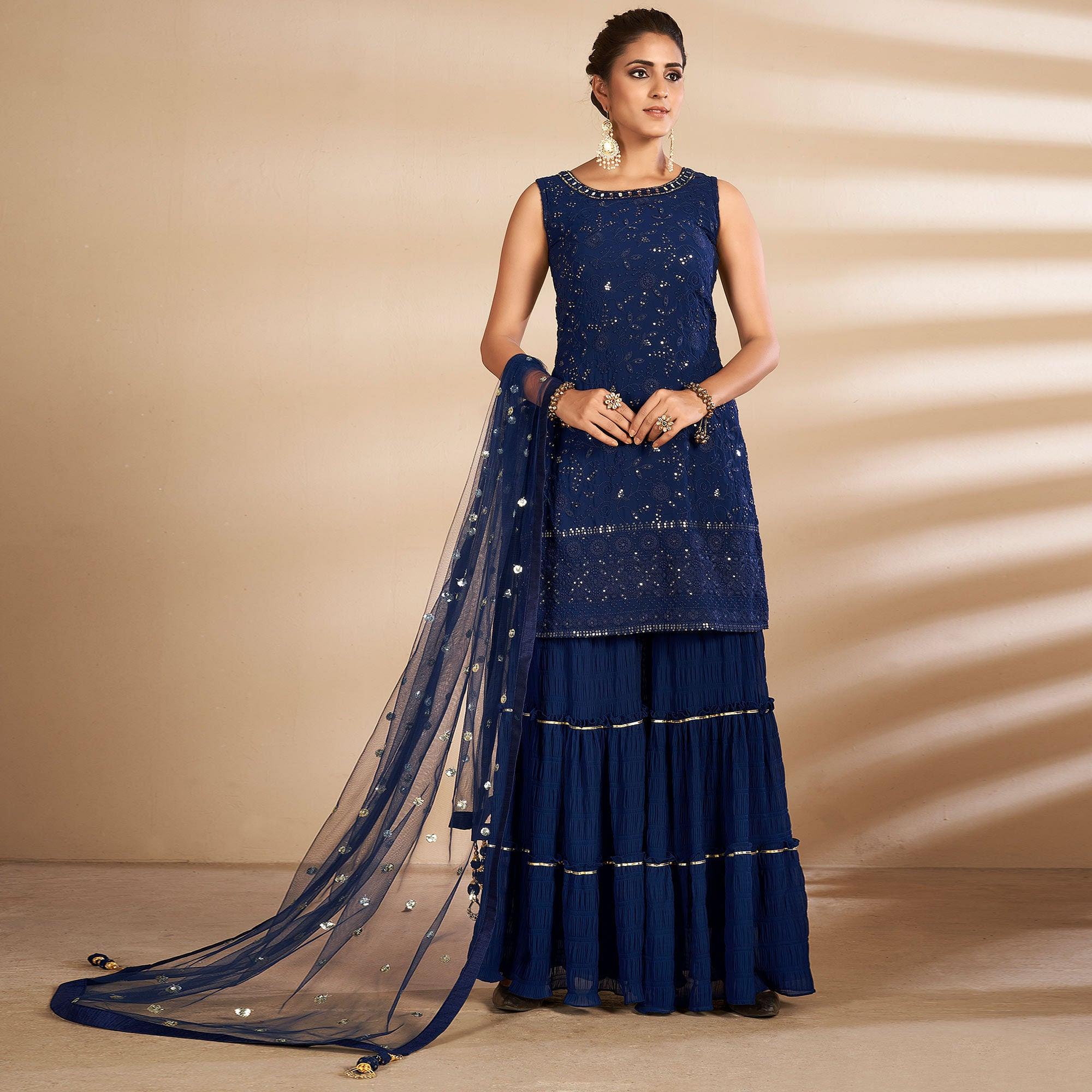 Blue Partywear Embroidered Georgette Sharara Suit - Peachmode