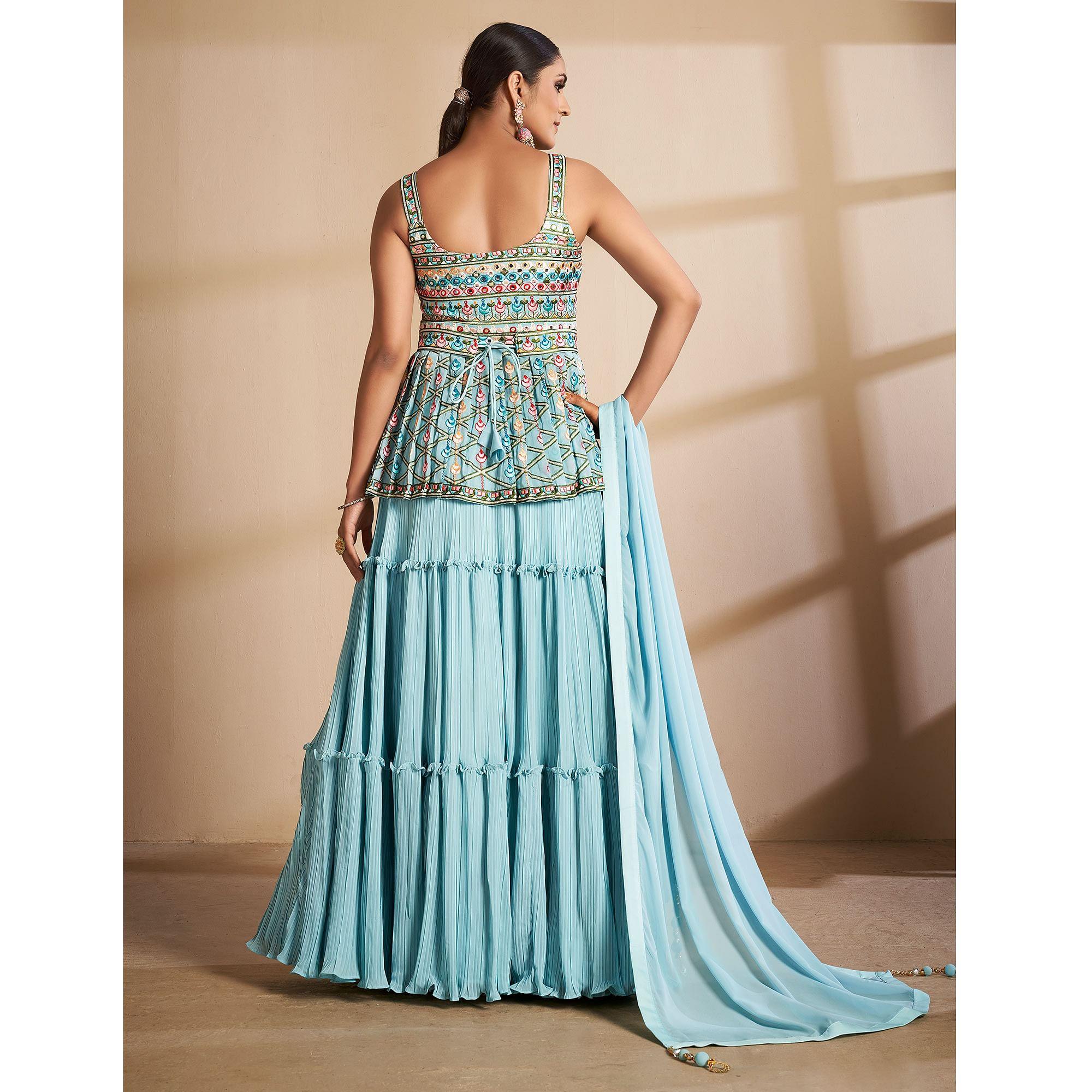 Blue Partywear Embroidered Georgette Sharara Suit - Peachmode
