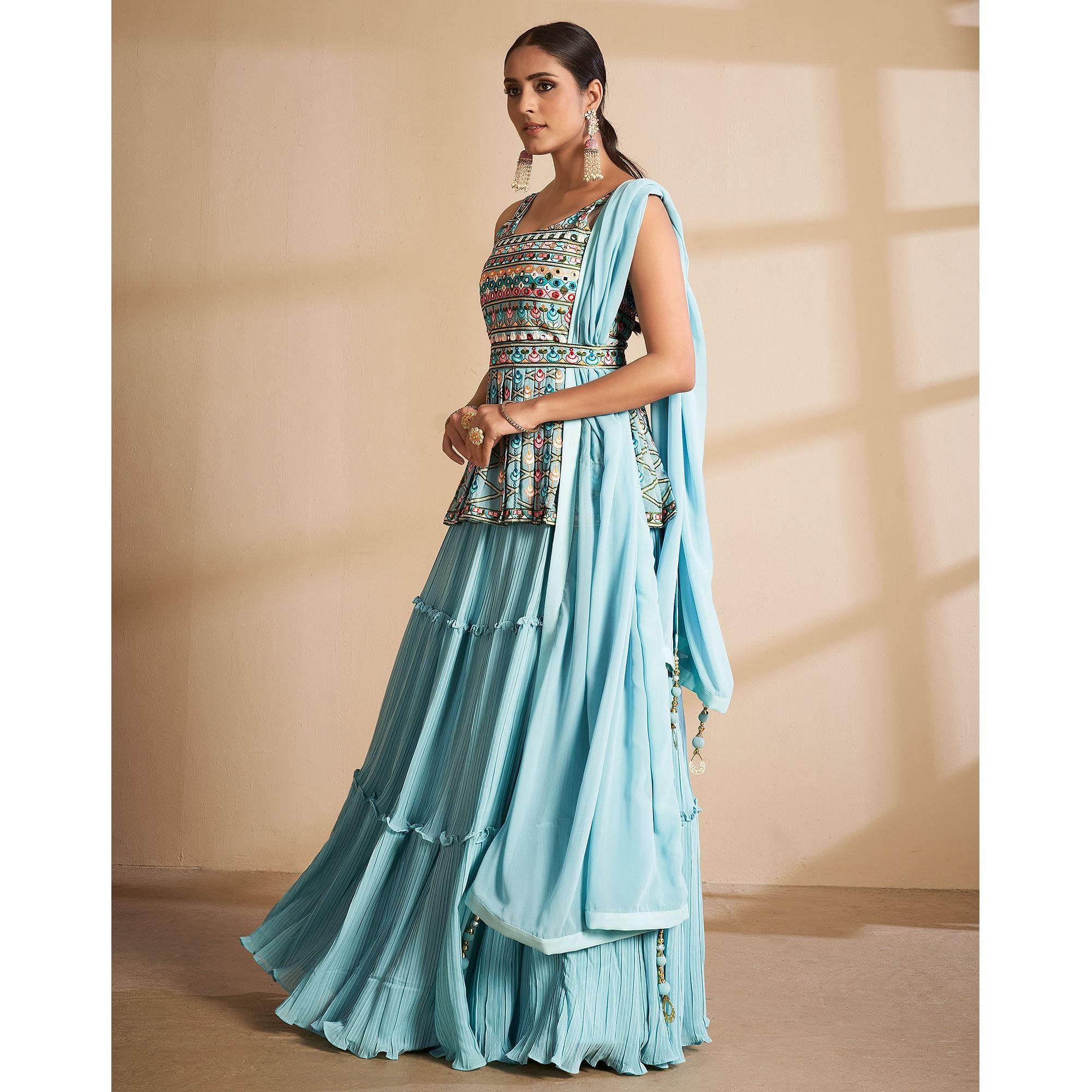 Blue Partywear Embroidered Georgette Sharara Suit - Peachmode