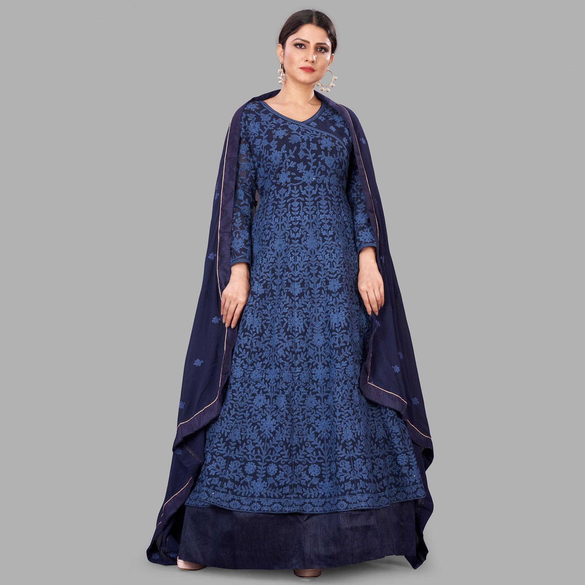 Blue Partywear Embroidered Heavy Faux Georgette A line Anarkali suit - Peachmode