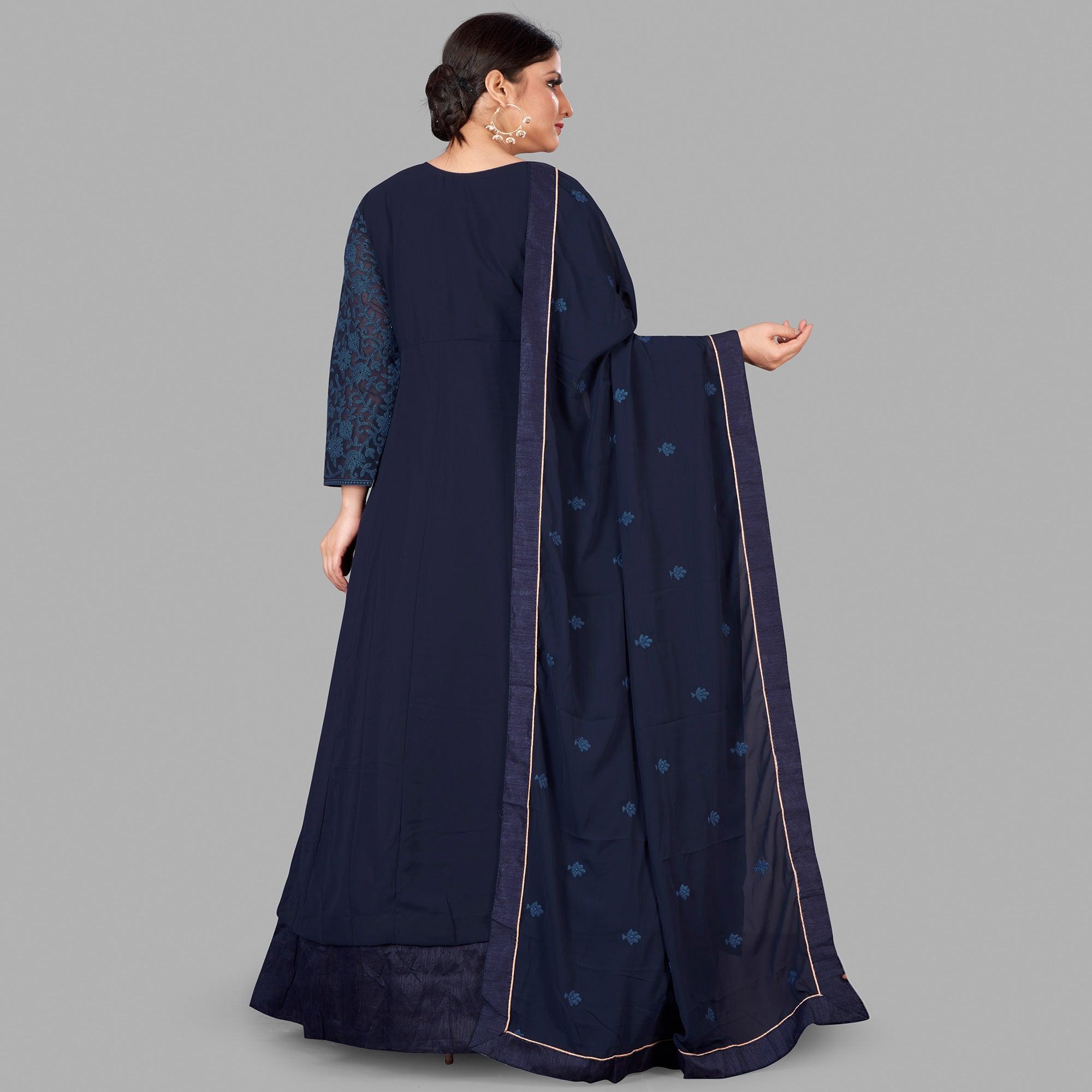 Blue Partywear Embroidered Heavy Faux Georgette A line Anarkali suit - Peachmode