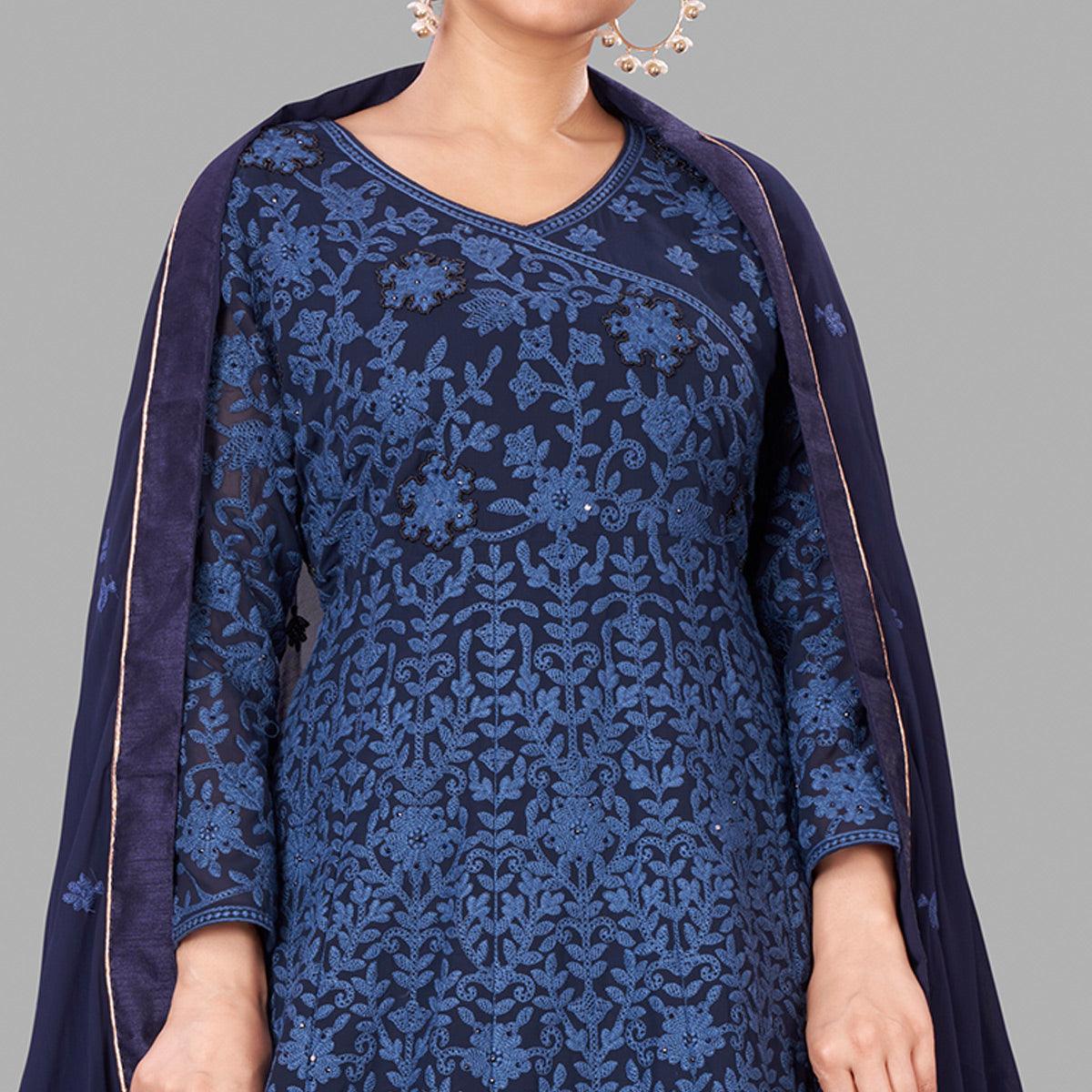 Blue Partywear Embroidered Heavy Faux Georgette A line Anarkali suit - Peachmode