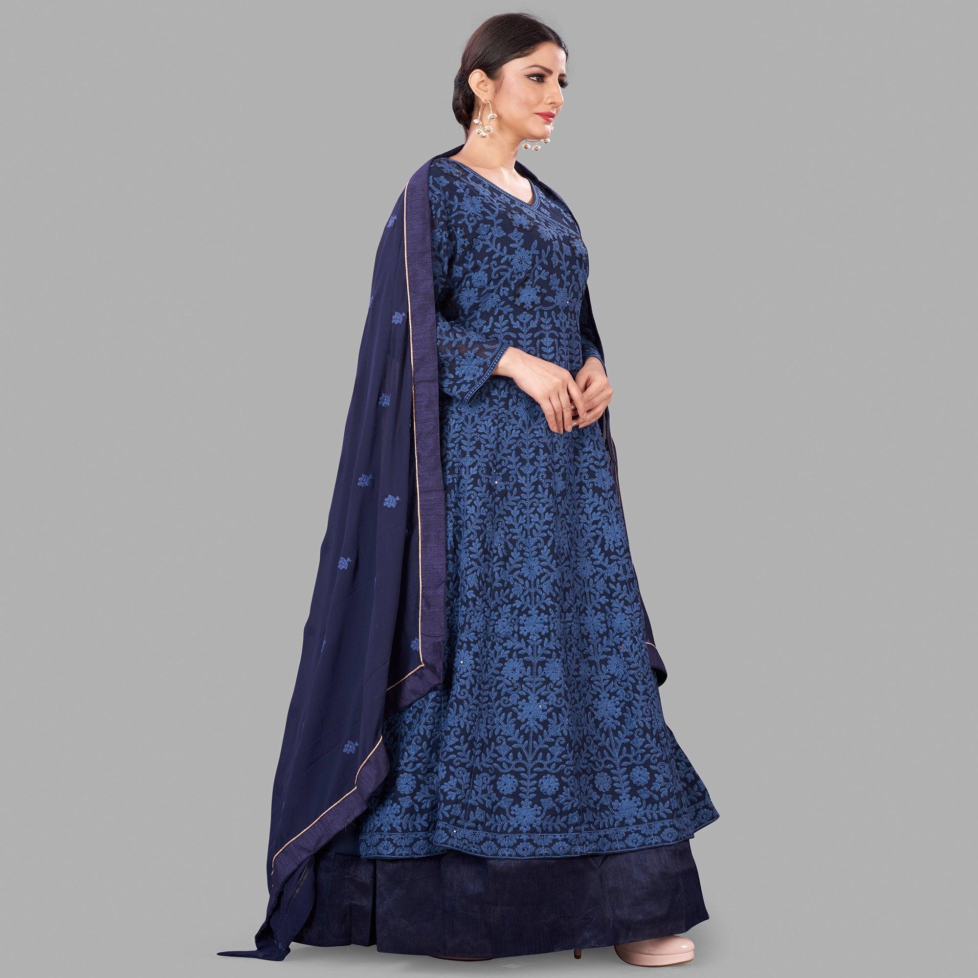 Blue Partywear Embroidered Heavy Faux Georgette A line Anarkali suit - Peachmode