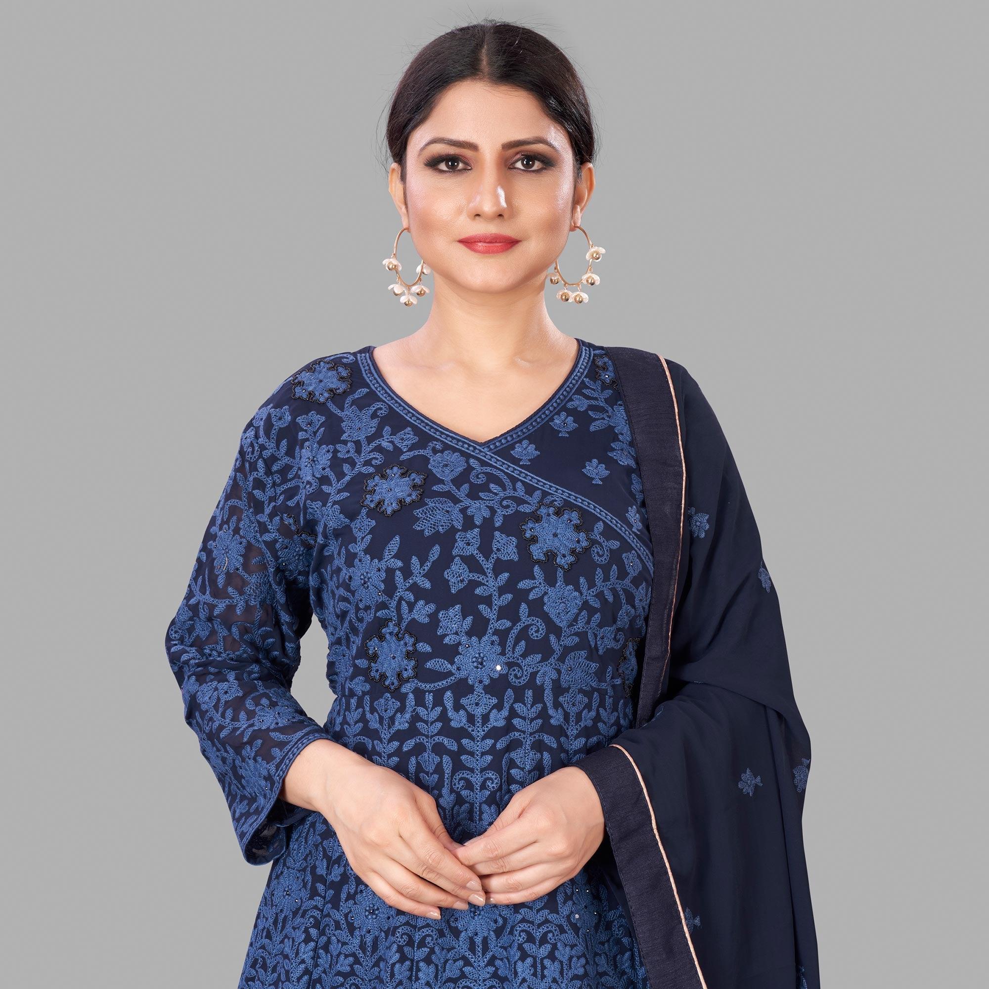 Blue Partywear Embroidered Heavy Faux Georgette A line Anarkali suit - Peachmode