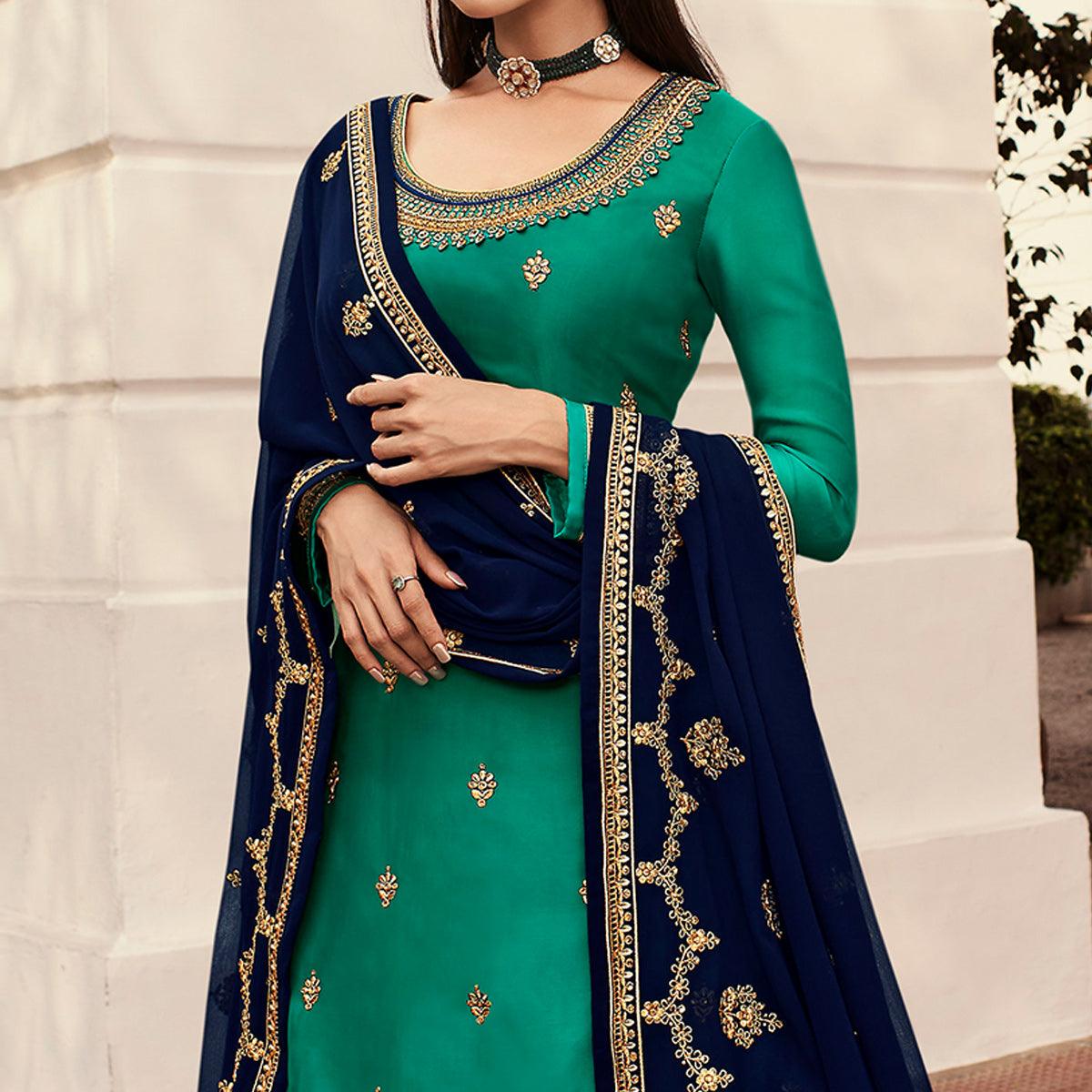 Blue Partywear Embroidered Heavy Faux Georgette Lehenga Choli - Peachmode