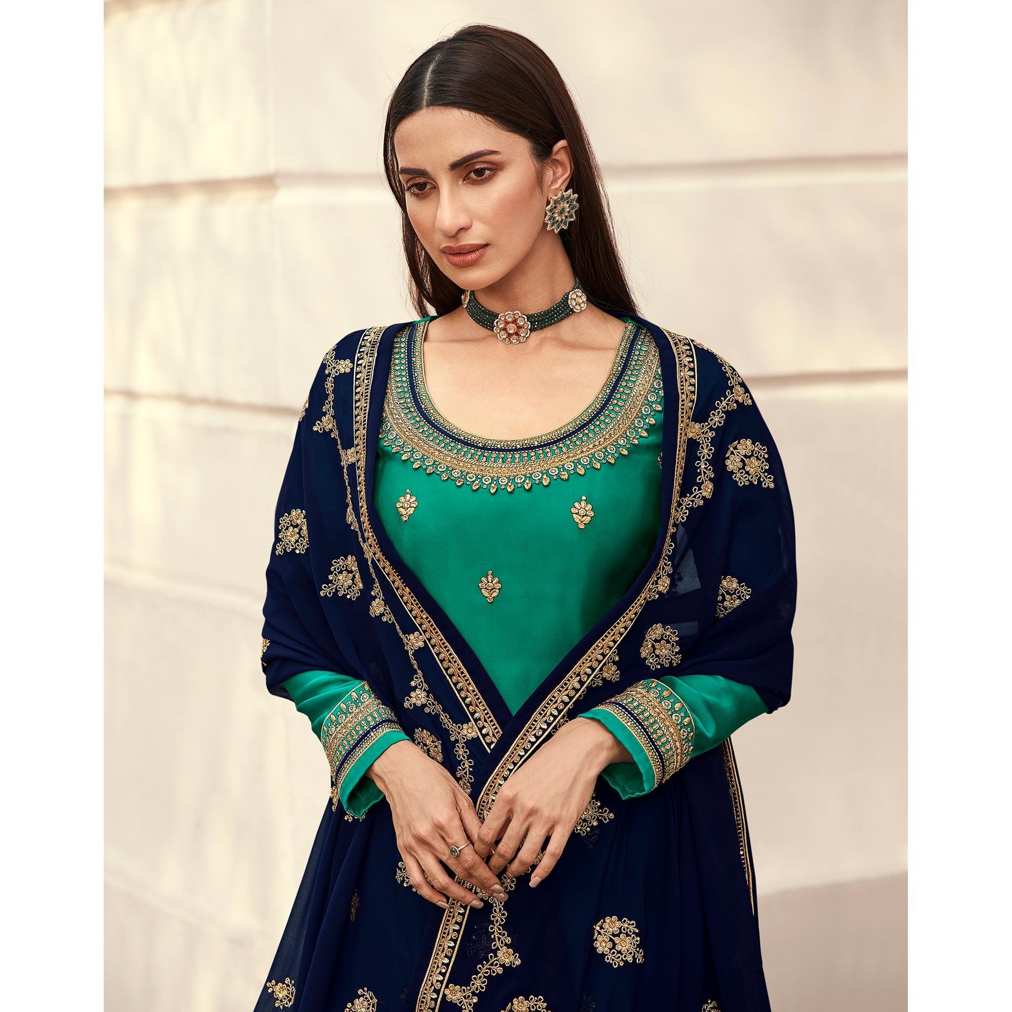 Blue Partywear Embroidered Heavy Faux Georgette Lehenga Choli - Peachmode