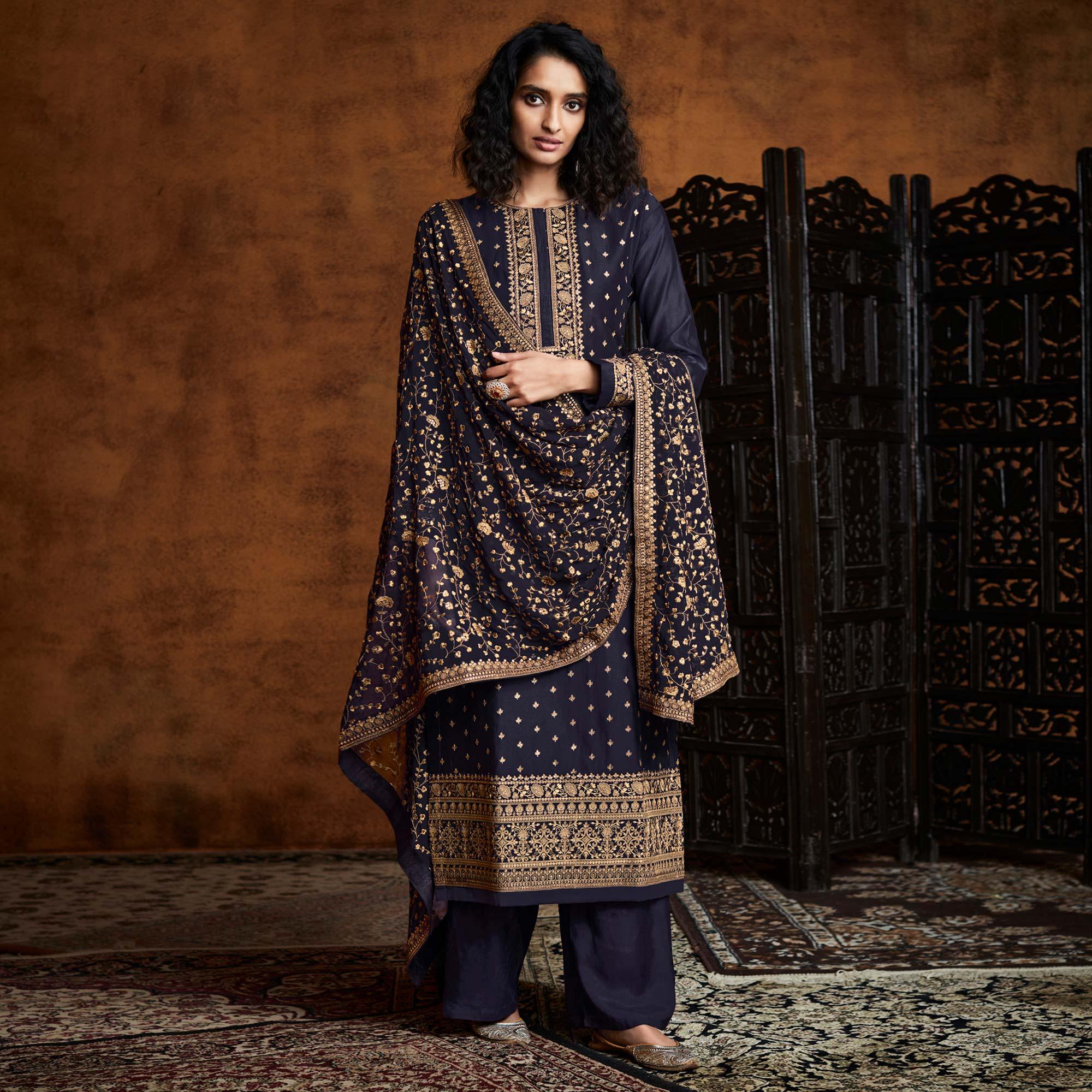 Blue Partywear Embroidered Heavy Faux Georgette Palazzo Suit - Peachmode