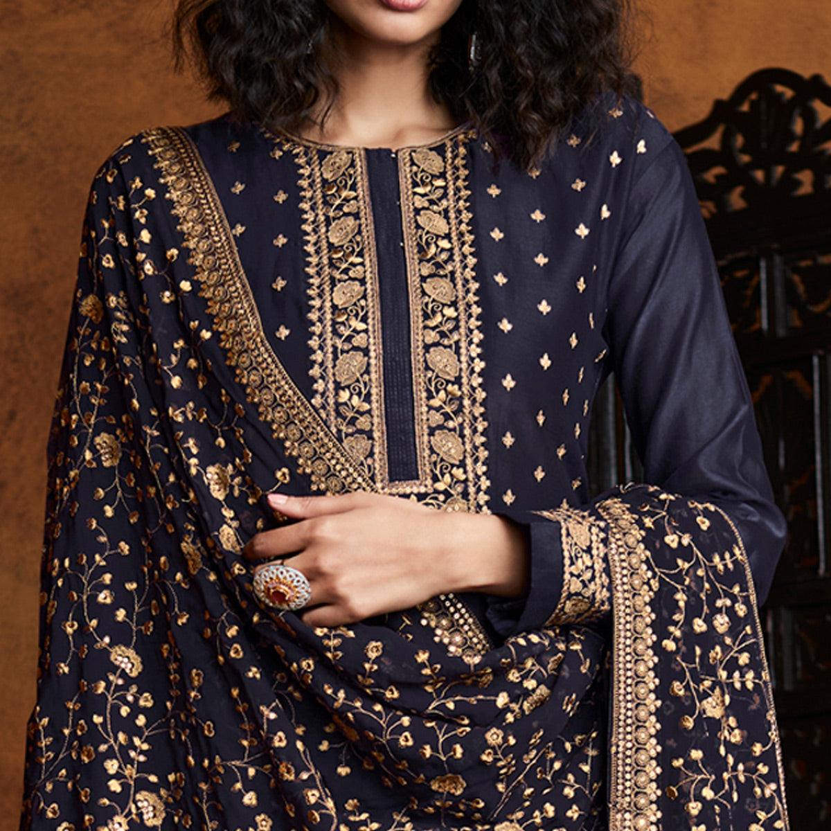 Blue Partywear Embroidered Heavy Faux Georgette Palazzo Suit - Peachmode