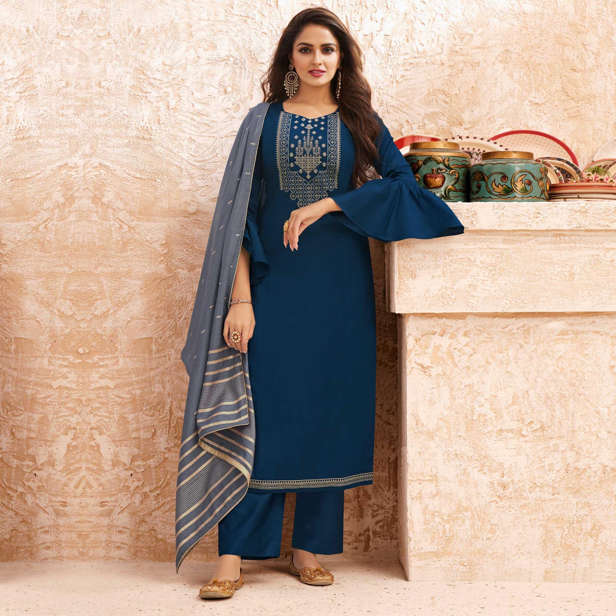 Blue Partywear Embroidered Jaam Silk Suit - Peachmode