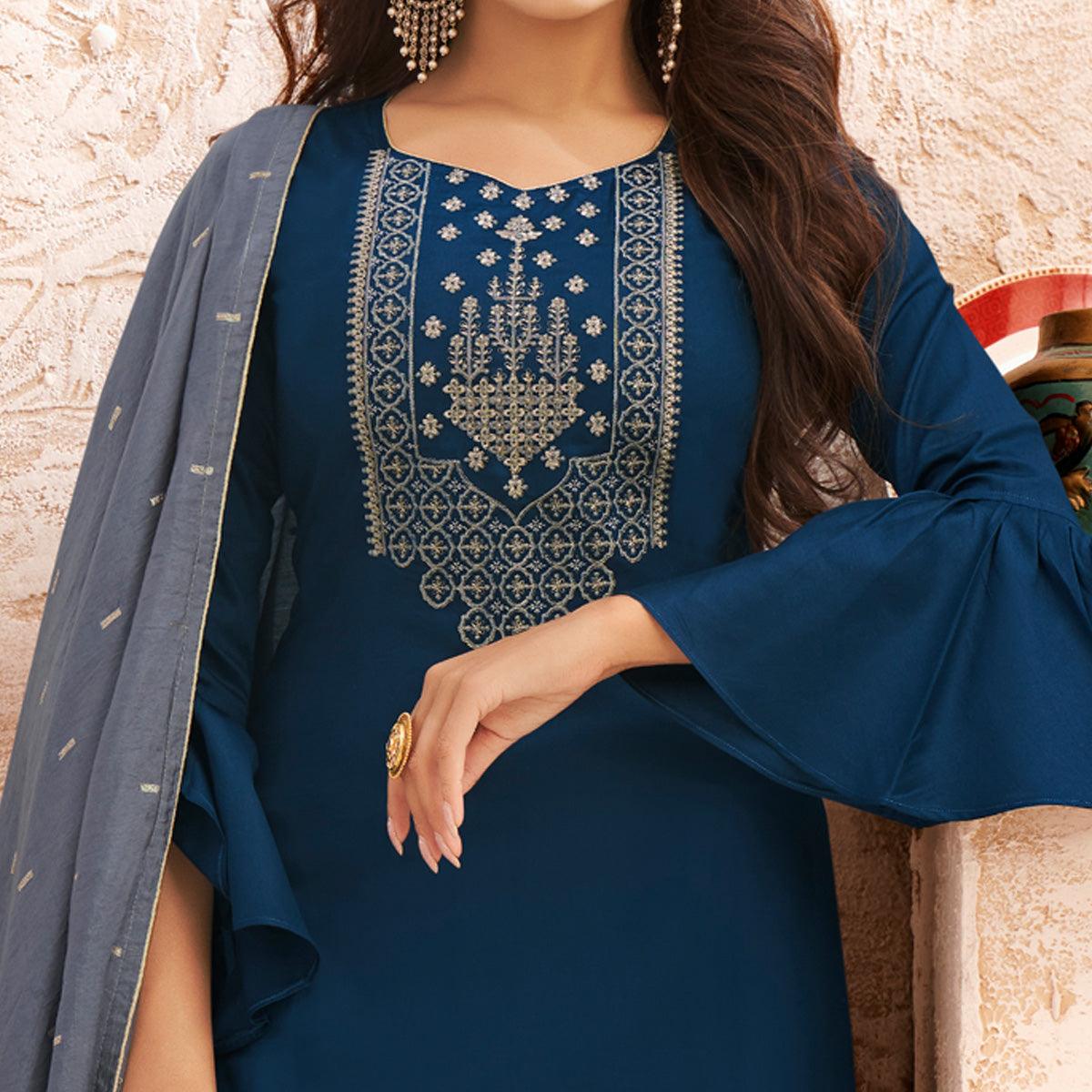 Blue Partywear Embroidered Jaam Silk Suit - Peachmode