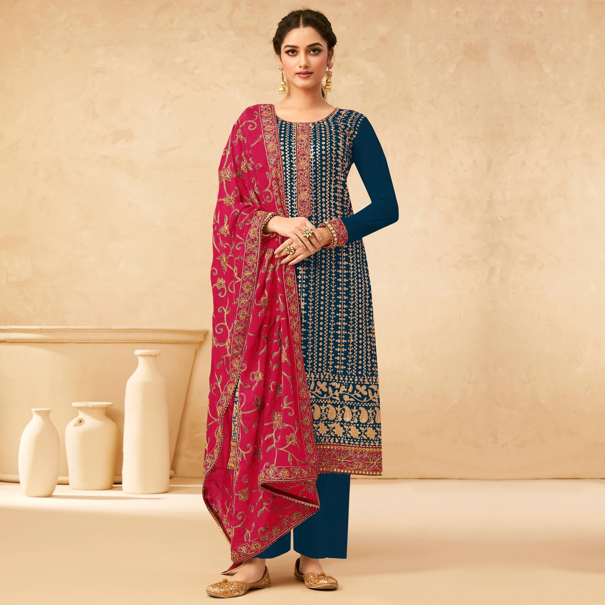 Blue Partywear Embroidered Pure Georgette Kurti Pant Set - Peachmode