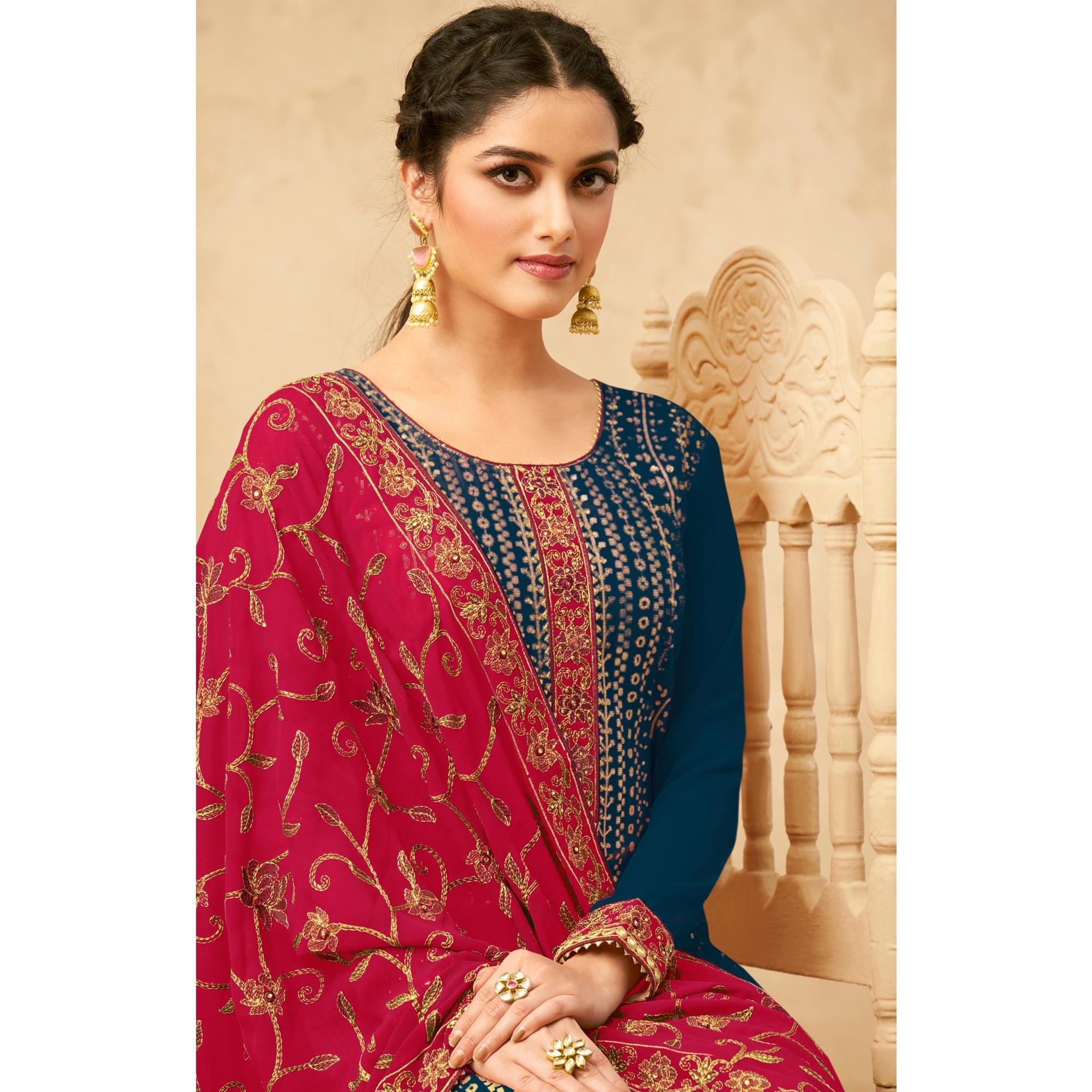 Blue Partywear Embroidered Pure Georgette Kurti Pant Set - Peachmode