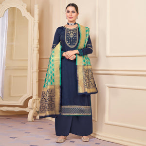 Blue Partywear Embroidered Rayon Palazzo Suit - Peachmode